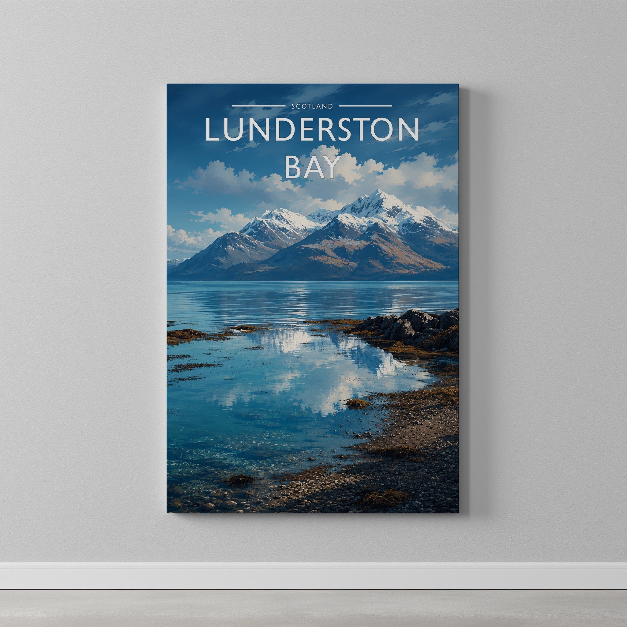 Lunderston Bay Travel Poster as a gallery-wrapped canvas on a plain wall