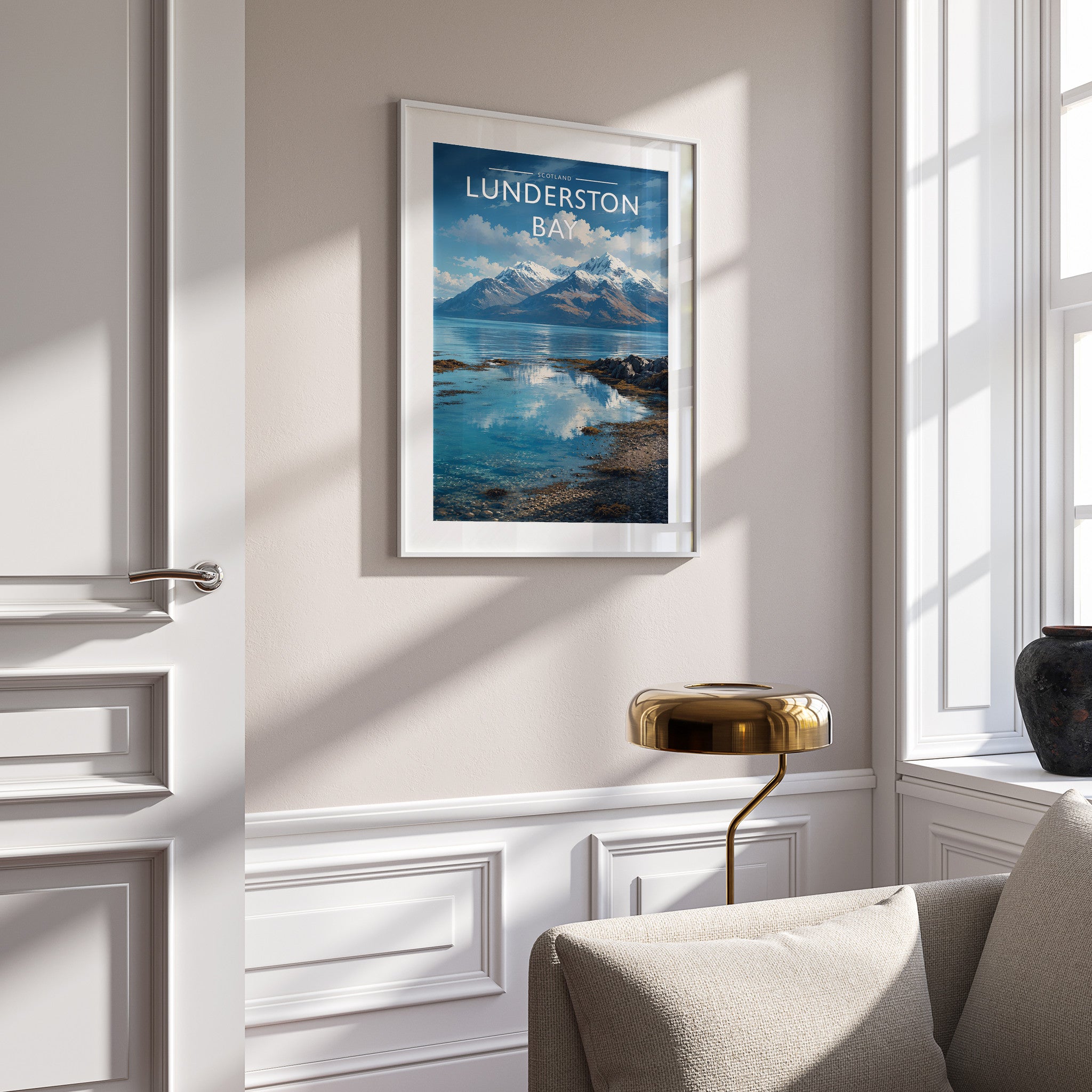 Lunderston Bay Travel Poster in a white frame on a panelled wall