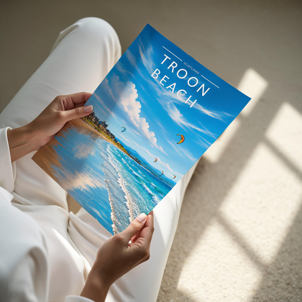 Troon Beach Travel Poster - A4 print held in hand