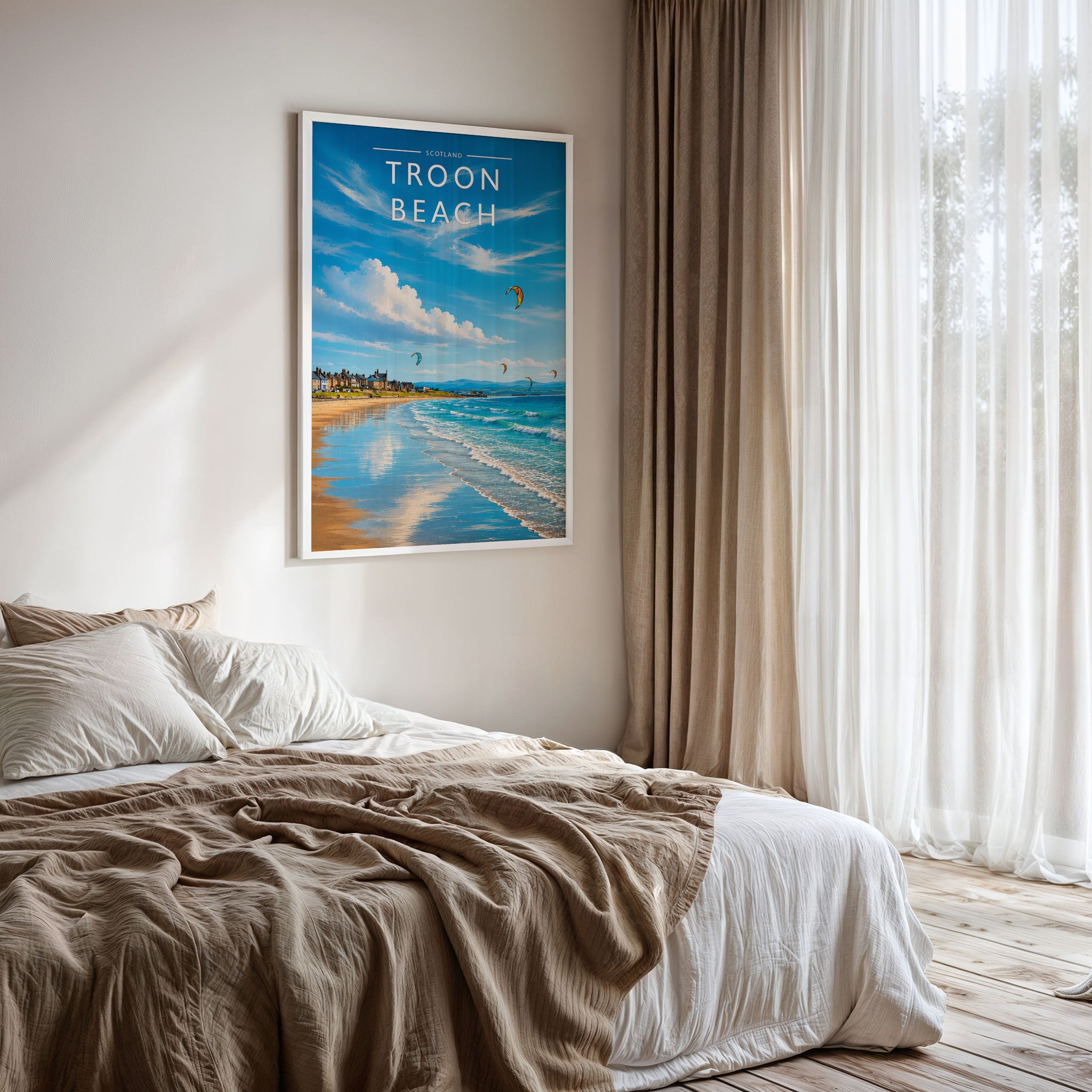 Troon Beach Travel Poster framed on a bedroom wall