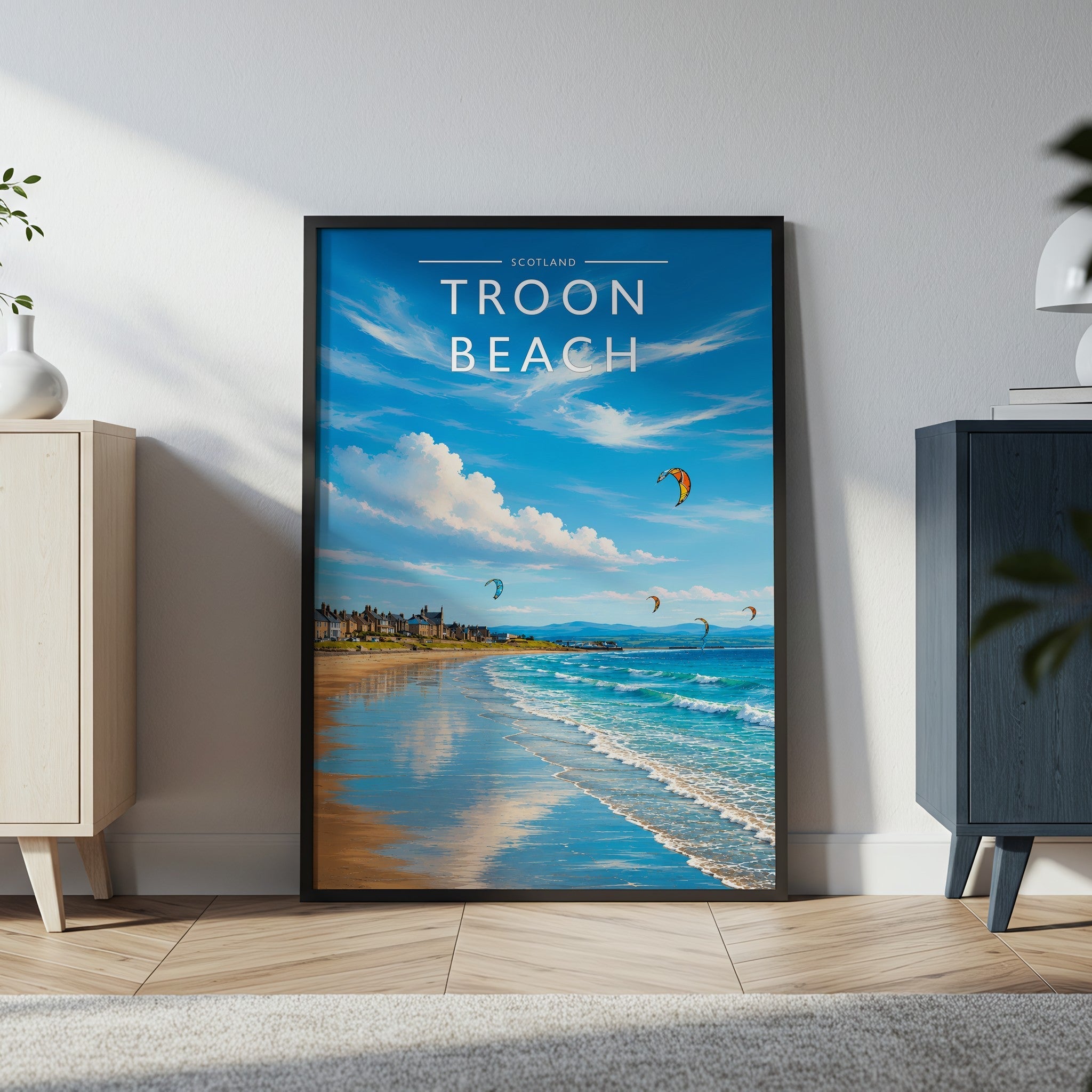 Troon Beach Travel Poster in a black frame