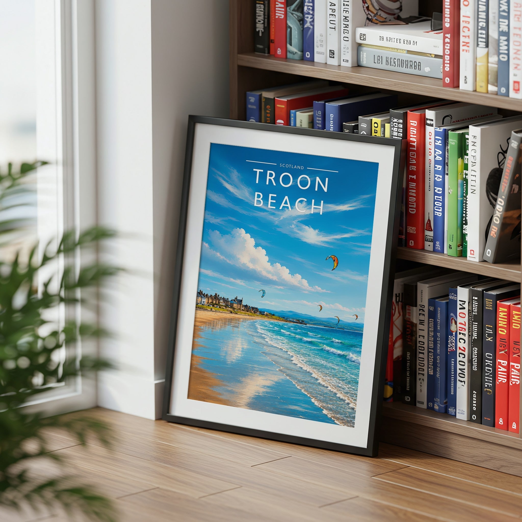 Troon Beach Travel Poster mounted in a black frame