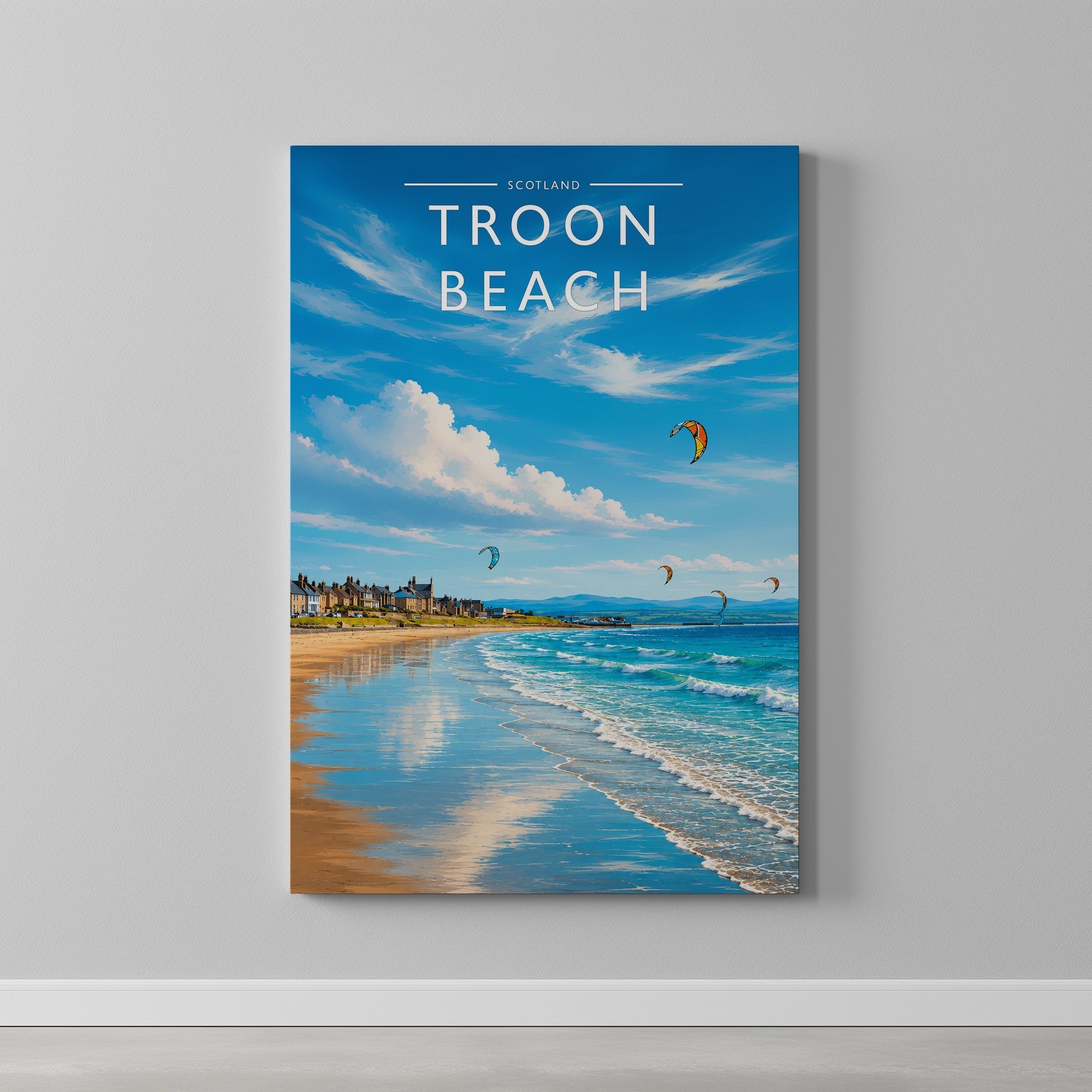 Troon Beach Travel Poster as a gallery-wrapped canvas on a plain wall