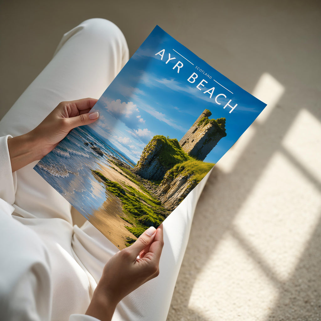 Ayr Beach Travel Poster - A4 print held in hand