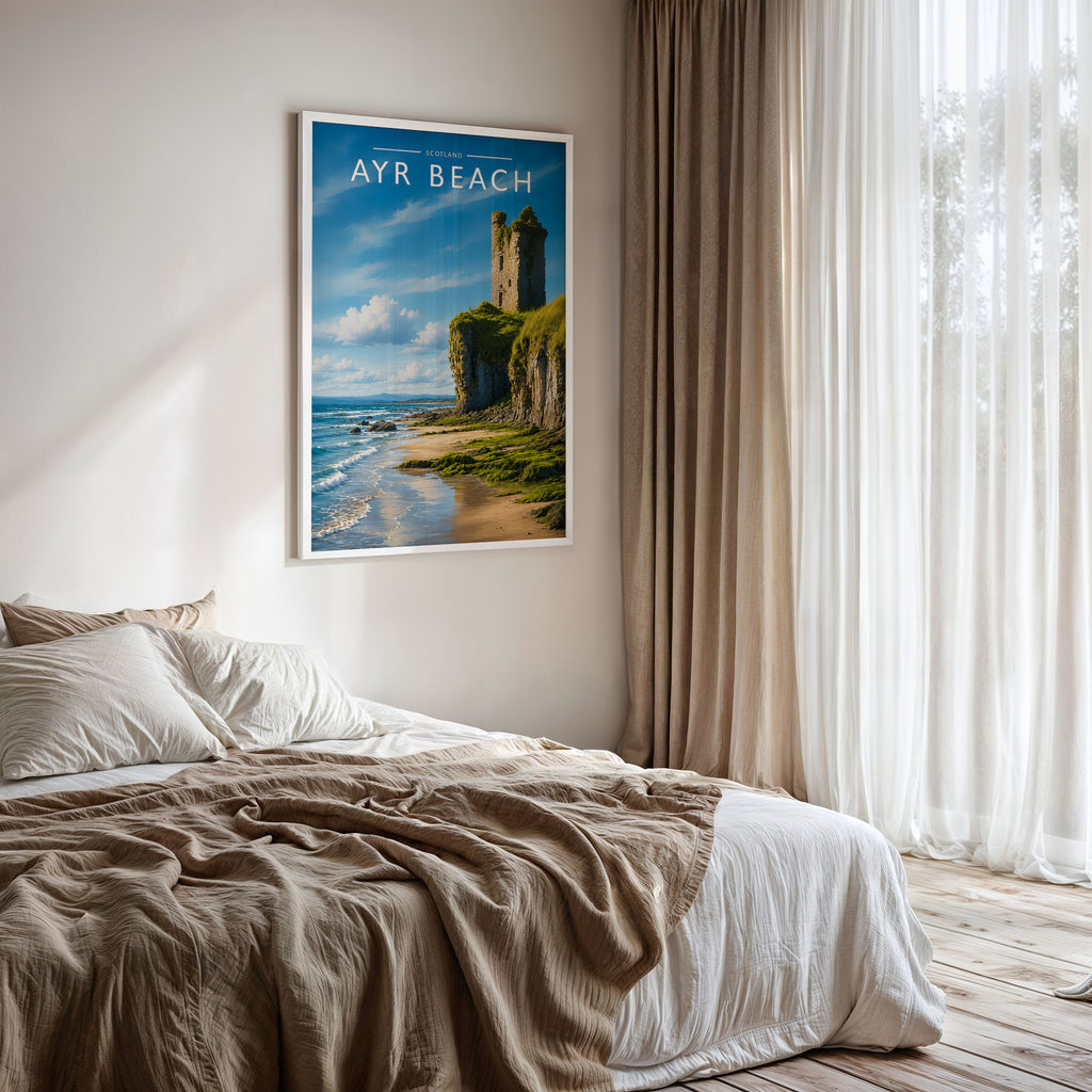 Ayr Beach Travel Poster framed on a bedroom wall