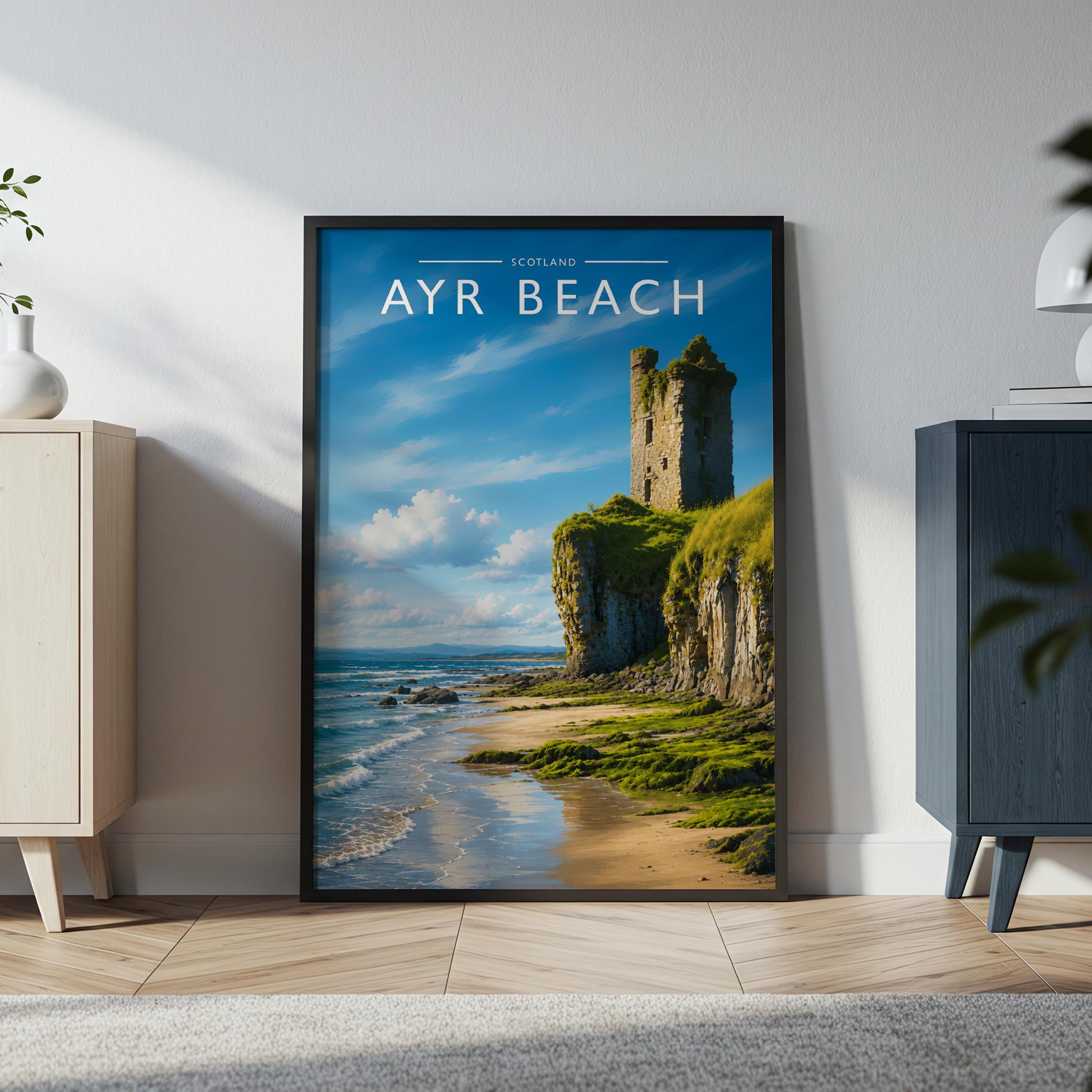 Ayr Beach Travel Poster in a black frame