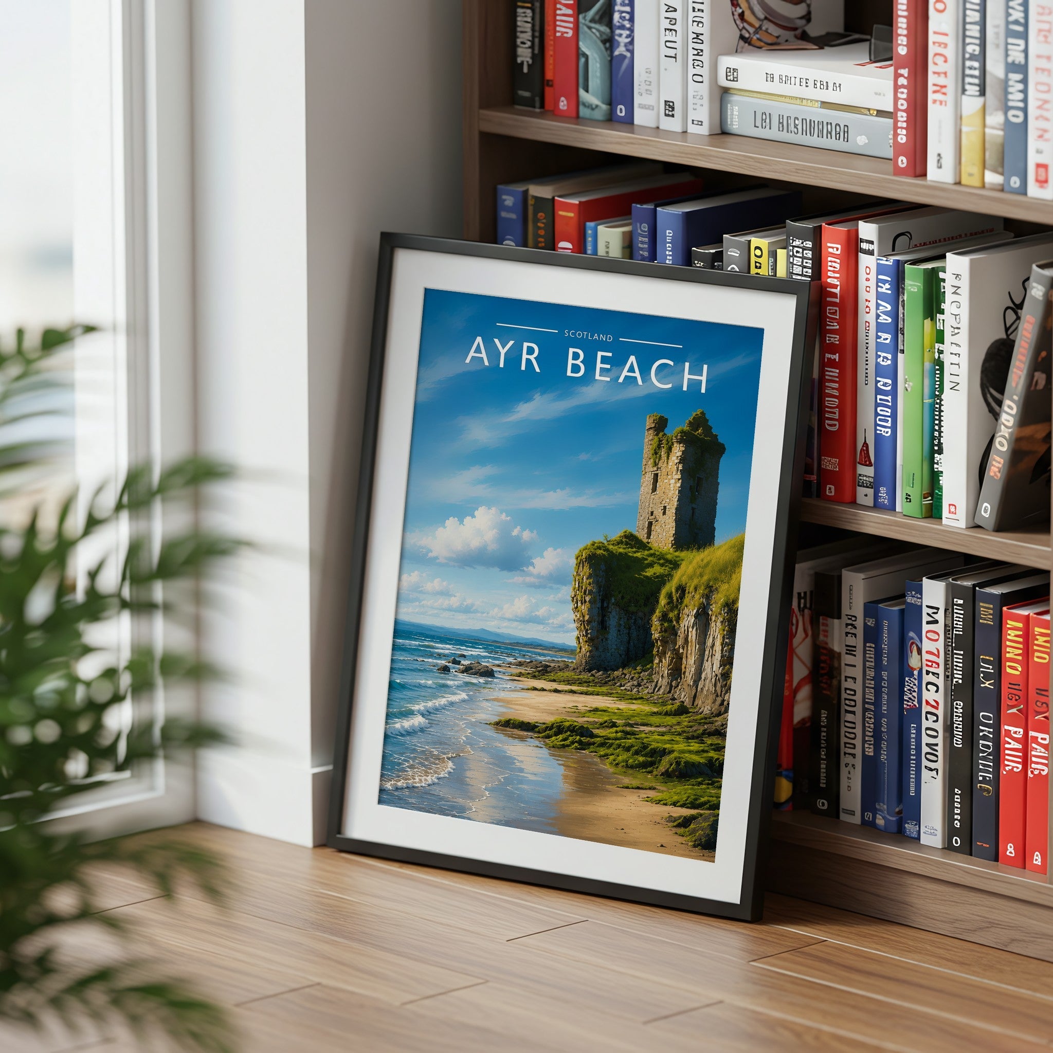 Ayr Beach Travel Poster mounted in a black frame