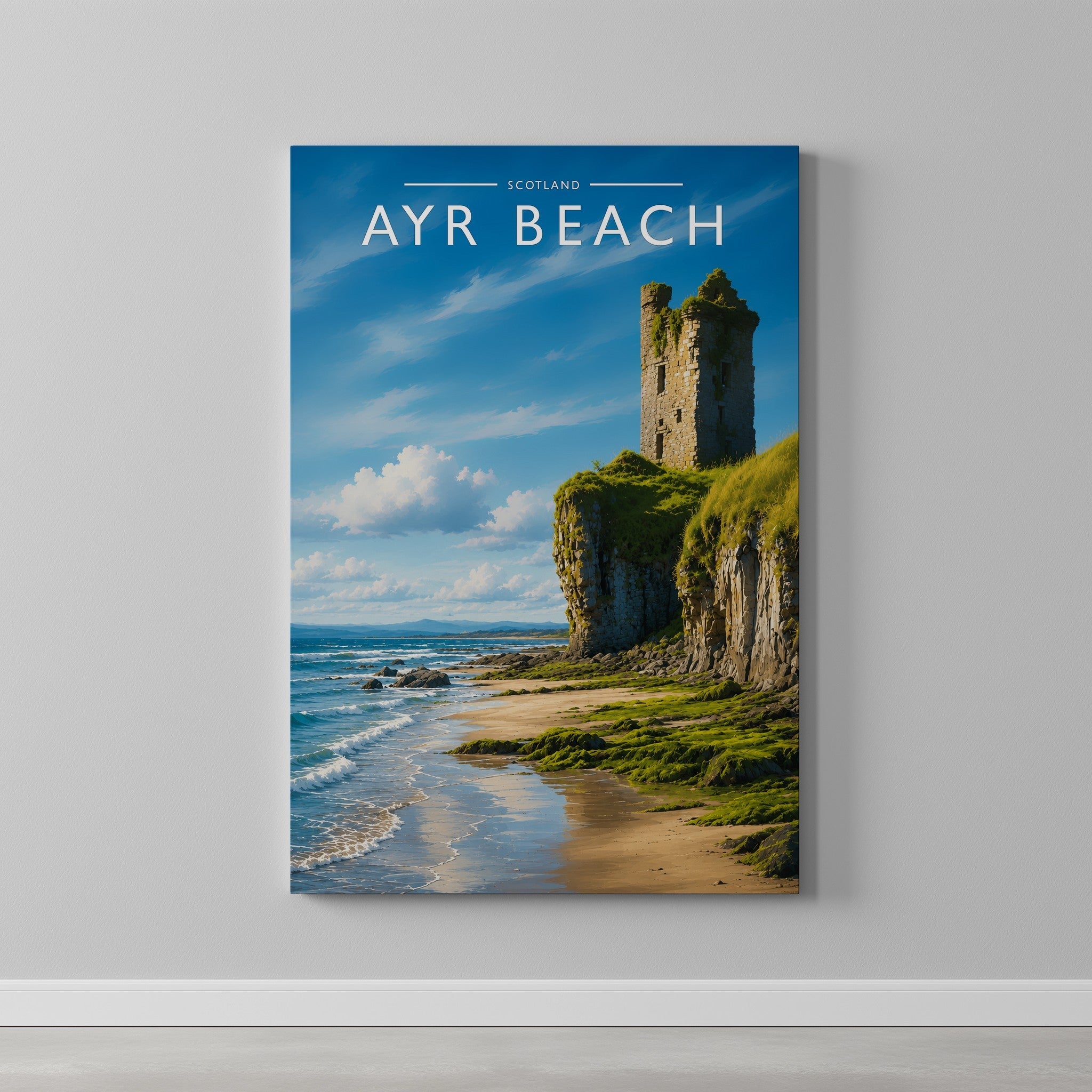 Ayr Beach Travel Poster as a gallery-wrapped canvas on a plain wall