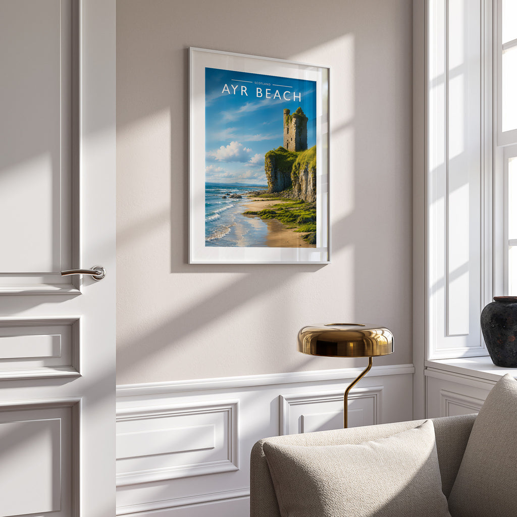 Ayr Beach Travel Poster in a white frame on a panelled wall