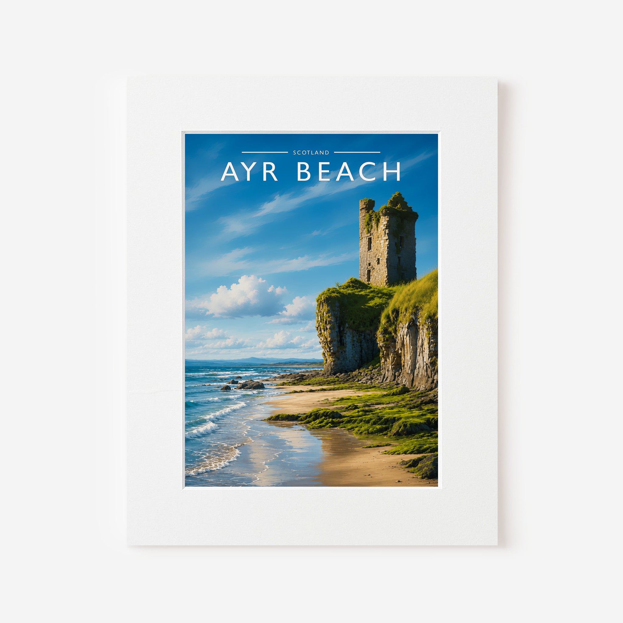 Ayr Beach Travel Poster in a white mount