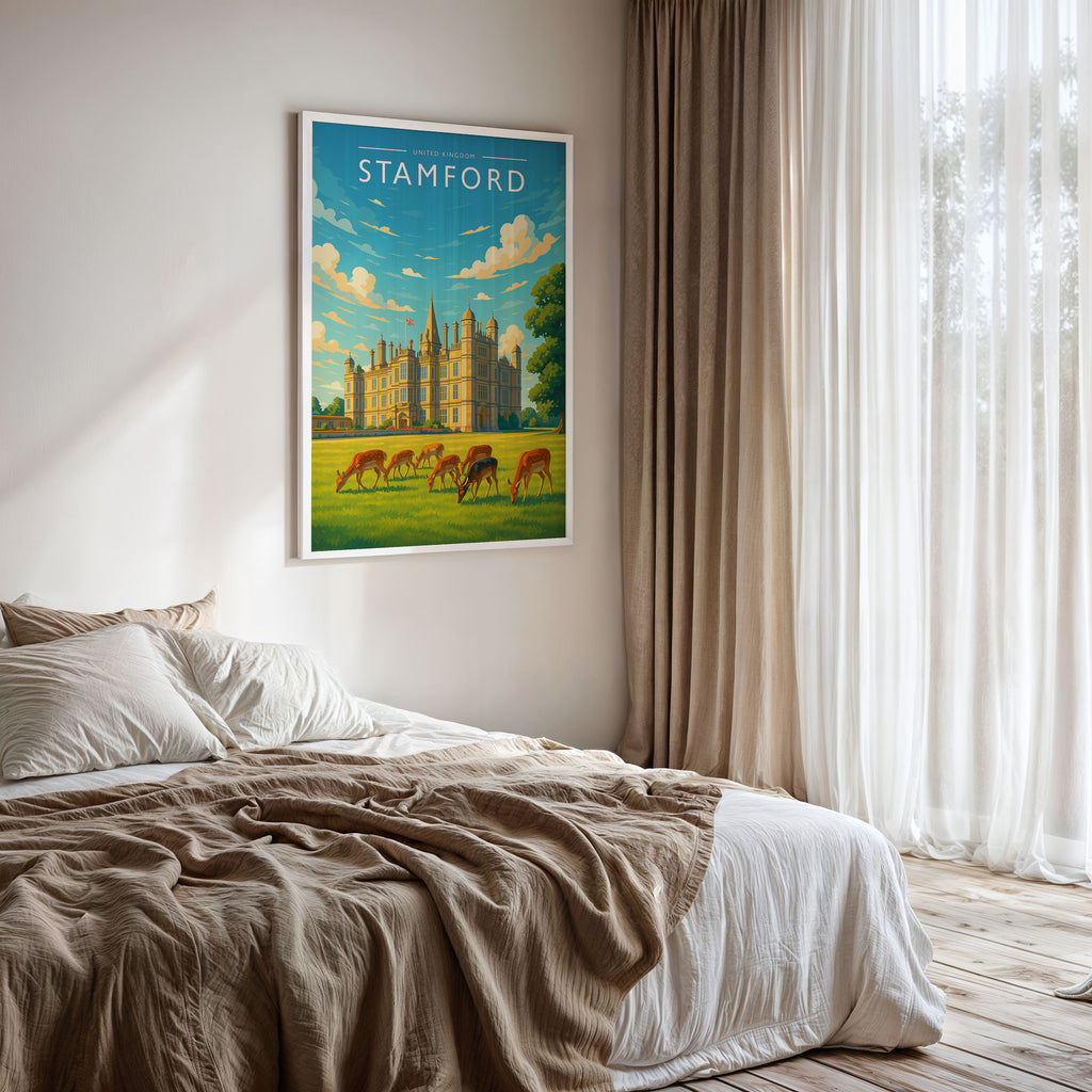Stamford #2 Travel Poster framed on a bedroom wall