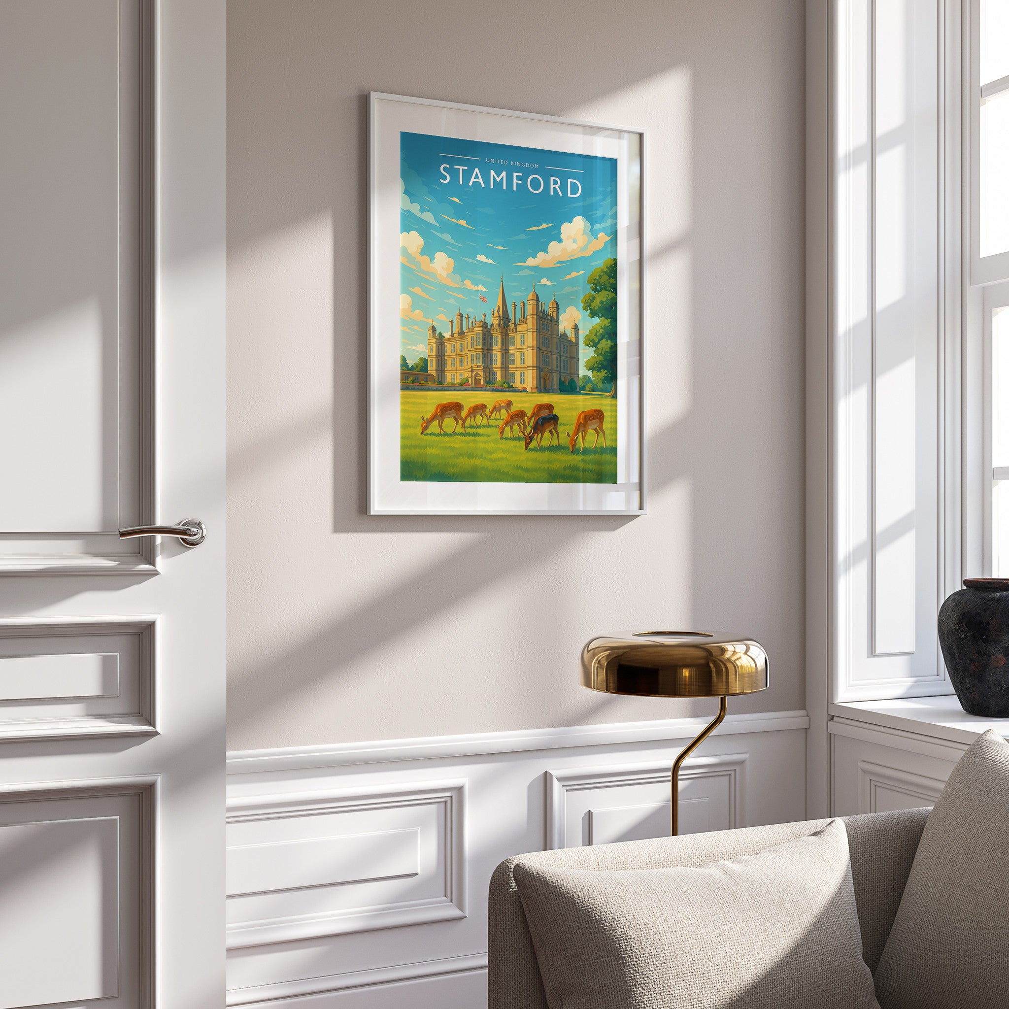 Stamford #2 Travel Poster in a white frame on a panelled wall