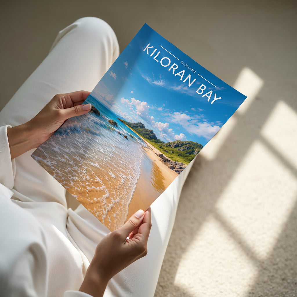 Kiloran Bay Travel Poster - A4 print held in hand