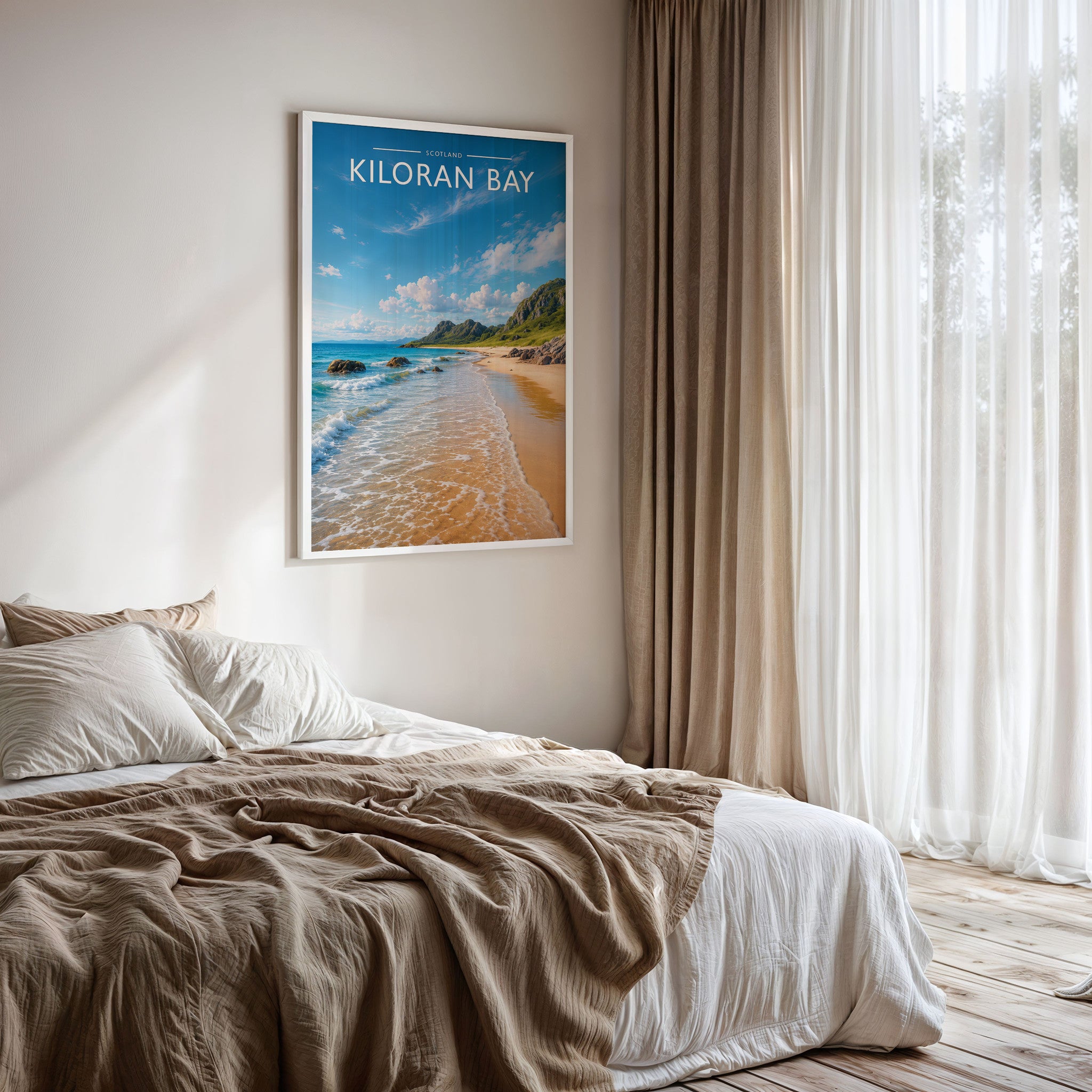 Kiloran Bay Travel Poster framed on a bedroom wall