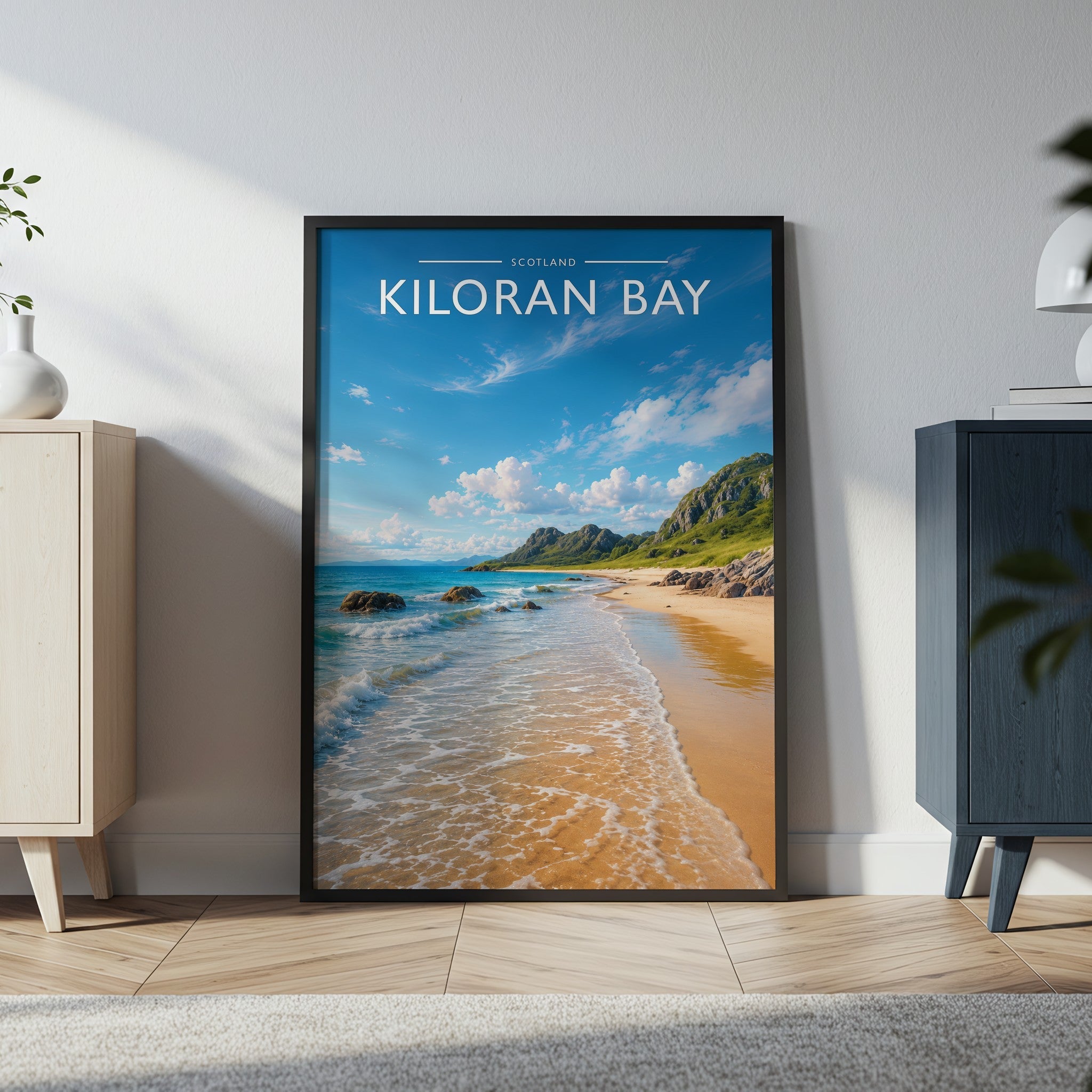 Kiloran Bay Travel Poster in a black frame