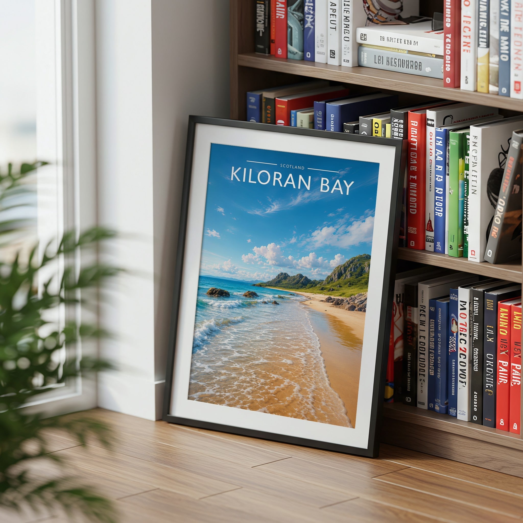 Kiloran Bay Travel Poster mounted in a black frame