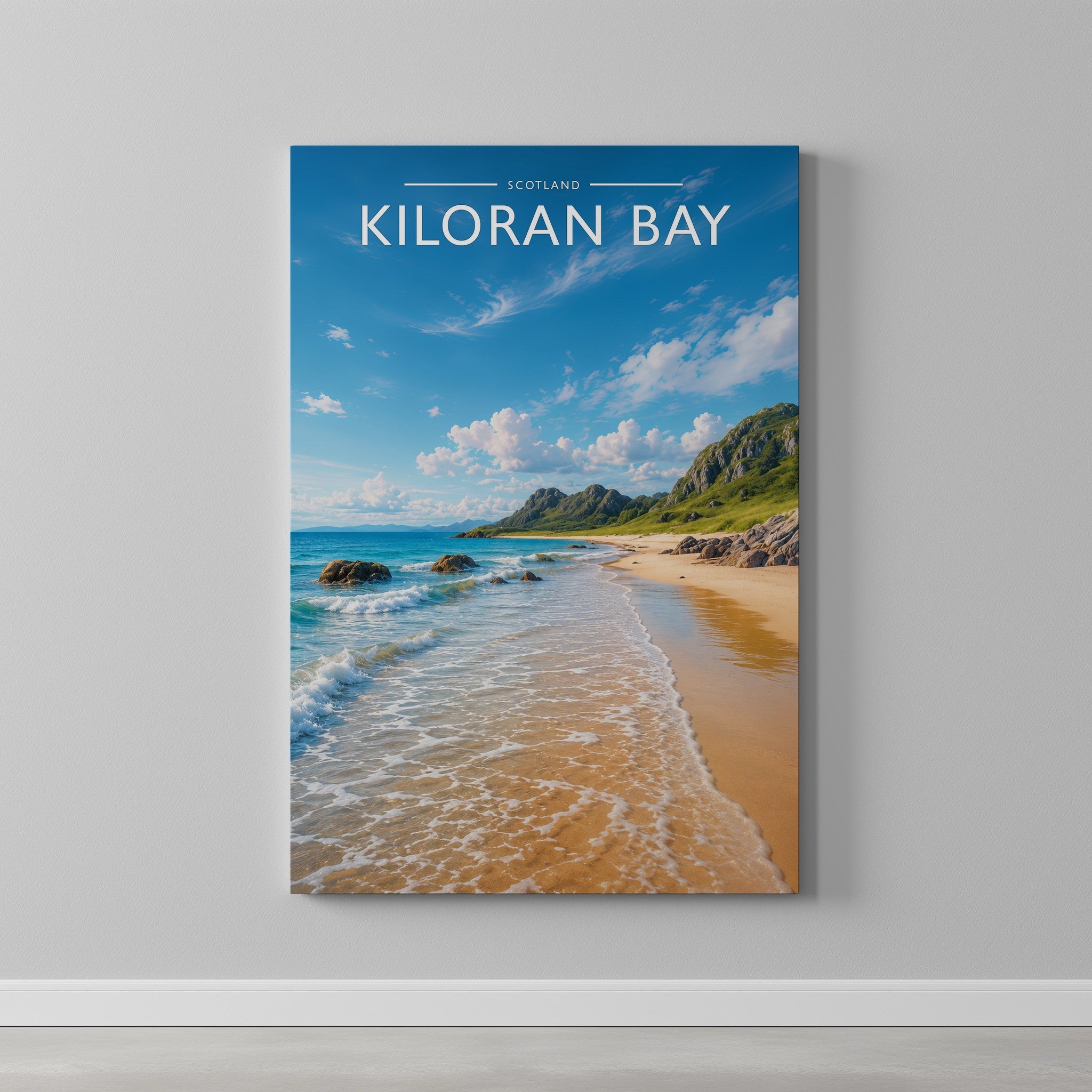 Kiloran Bay Travel Poster as a gallery-wrapped canvas on a plain wall