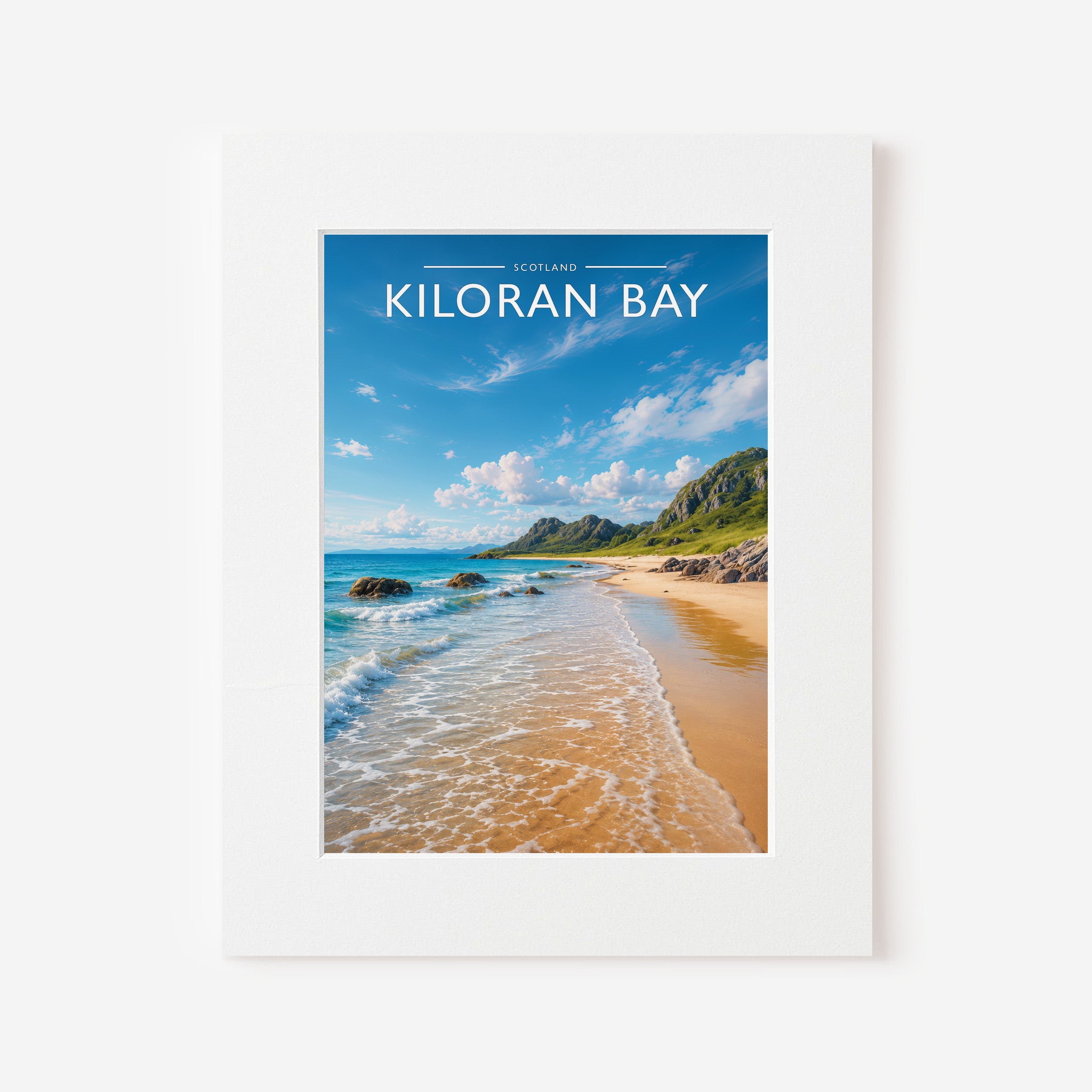 Kiloran Bay Travel Poster in a white mount