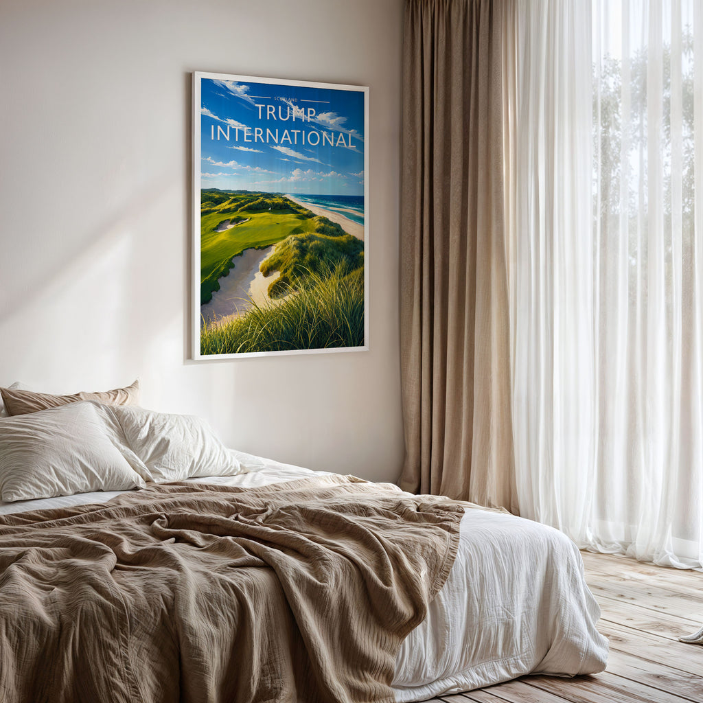 Trump International Travel Poster framed on a bedroom wall