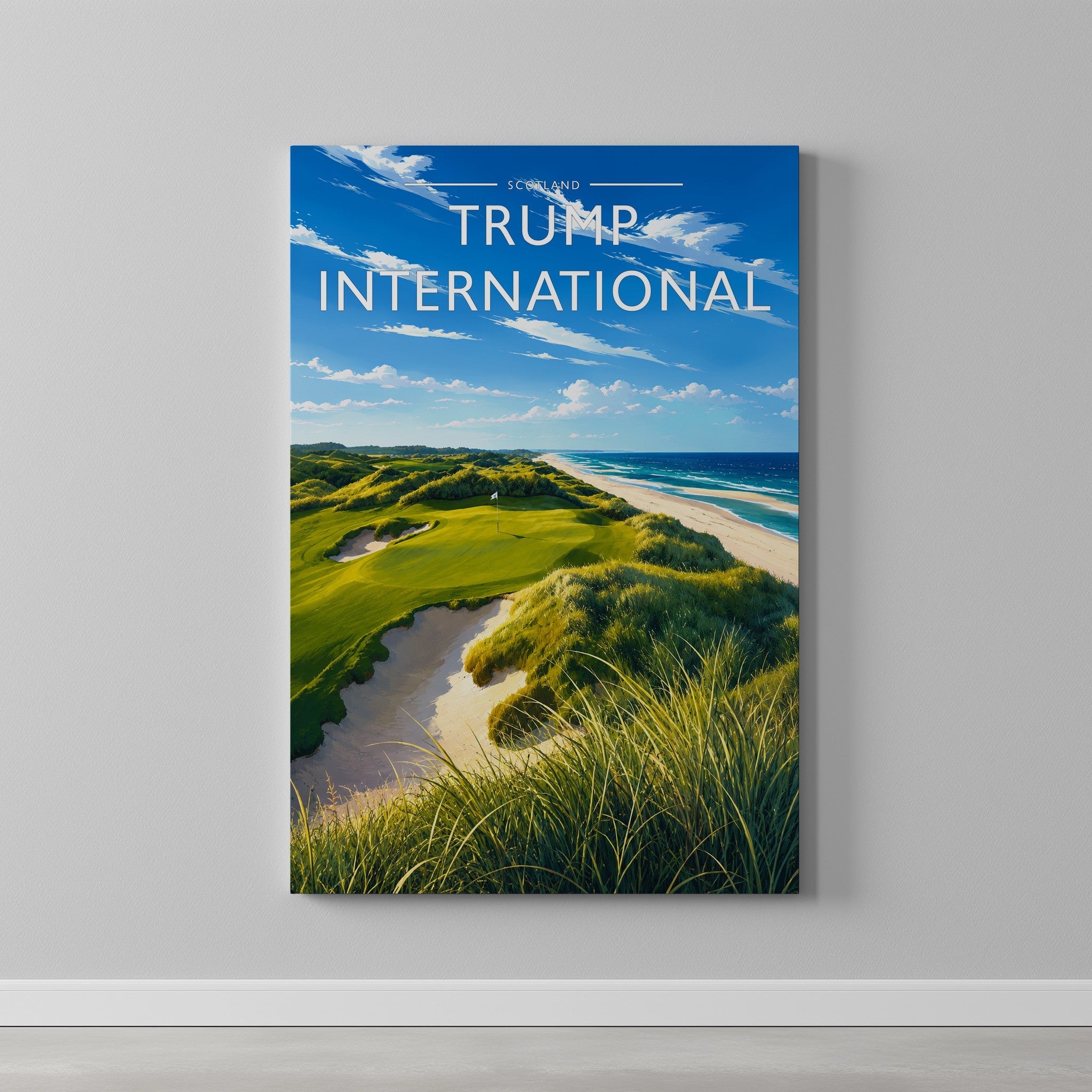 Trump International Travel Poster as a gallery-wrapped canvas on a plain wall