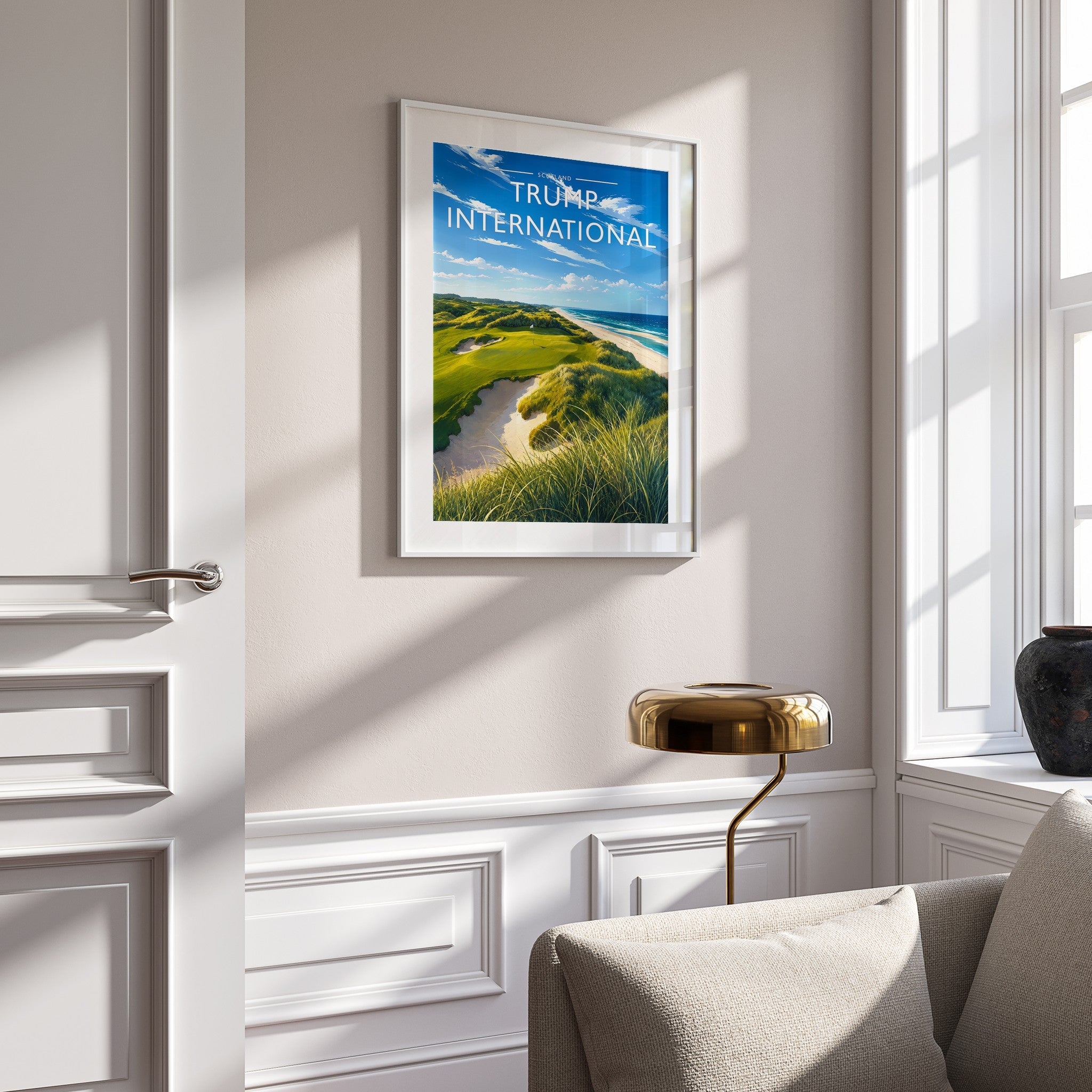 Trump International Travel Poster mounted in a white frame