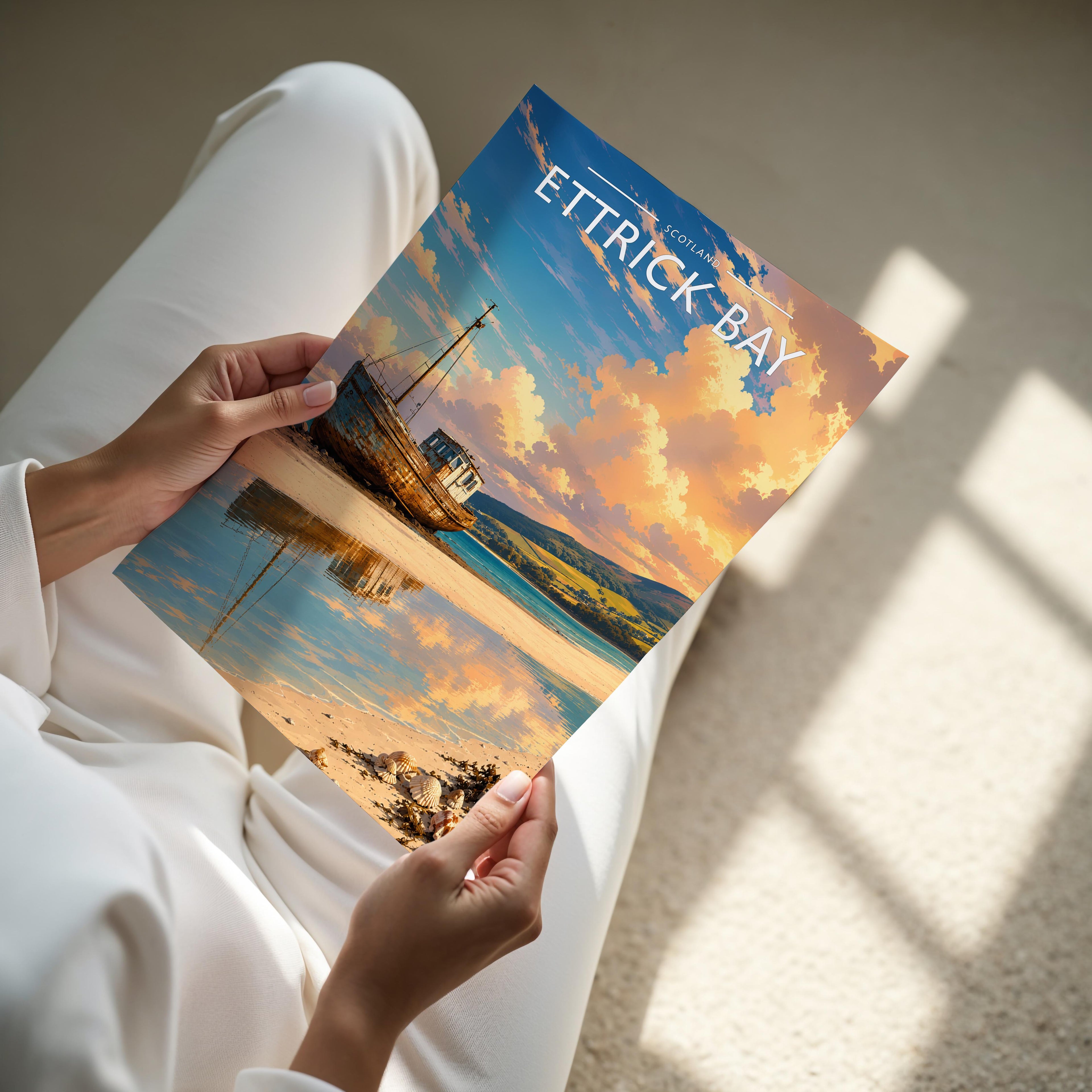 Ettrick Bay Travel Poster - A4 print held in hand