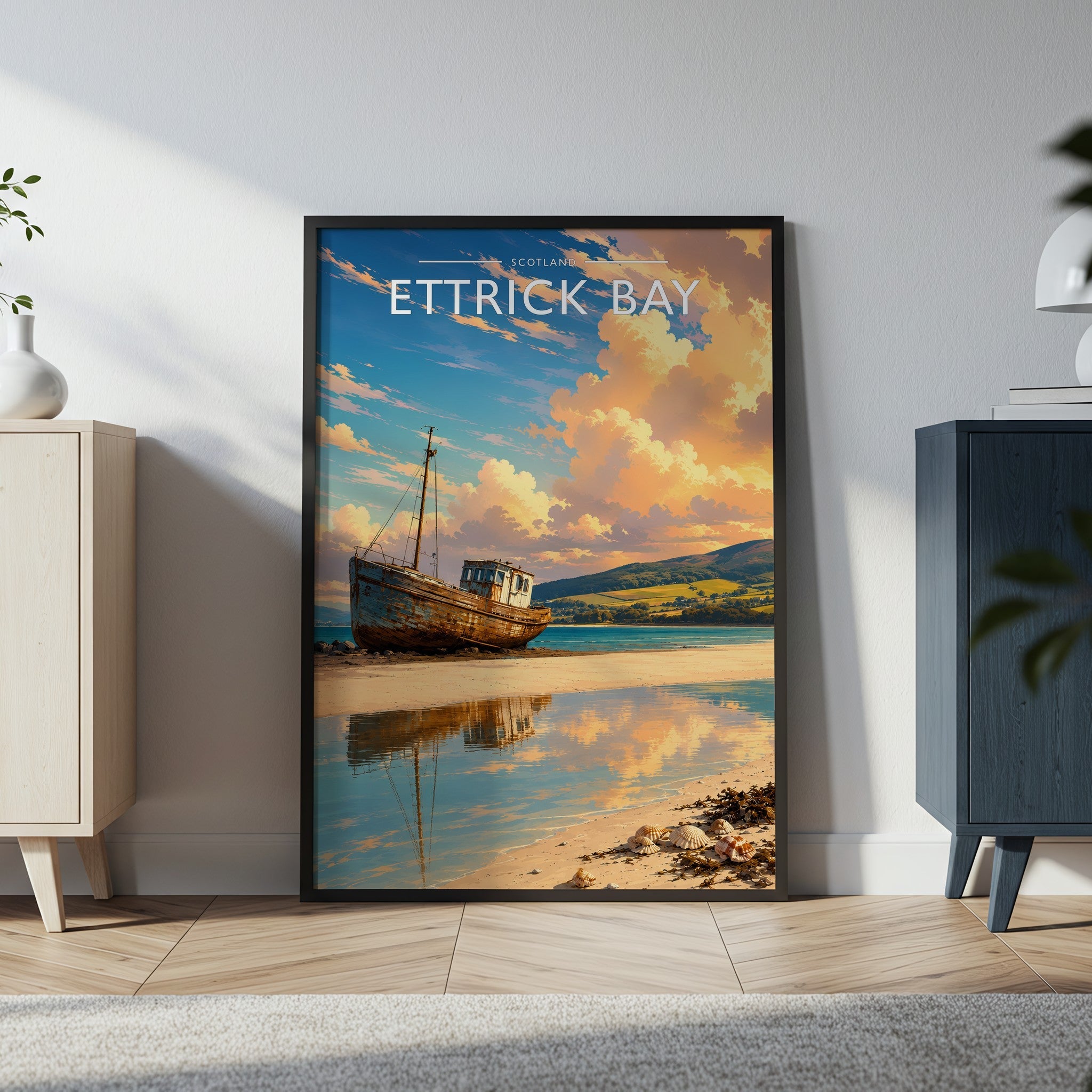 Ettrick Bay Travel Poster in a black frame