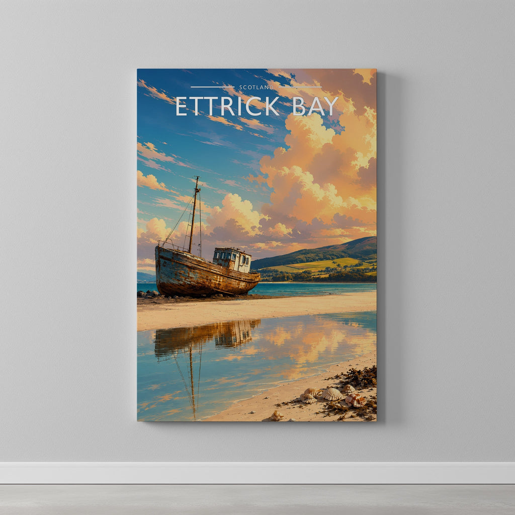 Ettrick Bay Travel Poster as a gallery-wrapped canvas on a plain wall