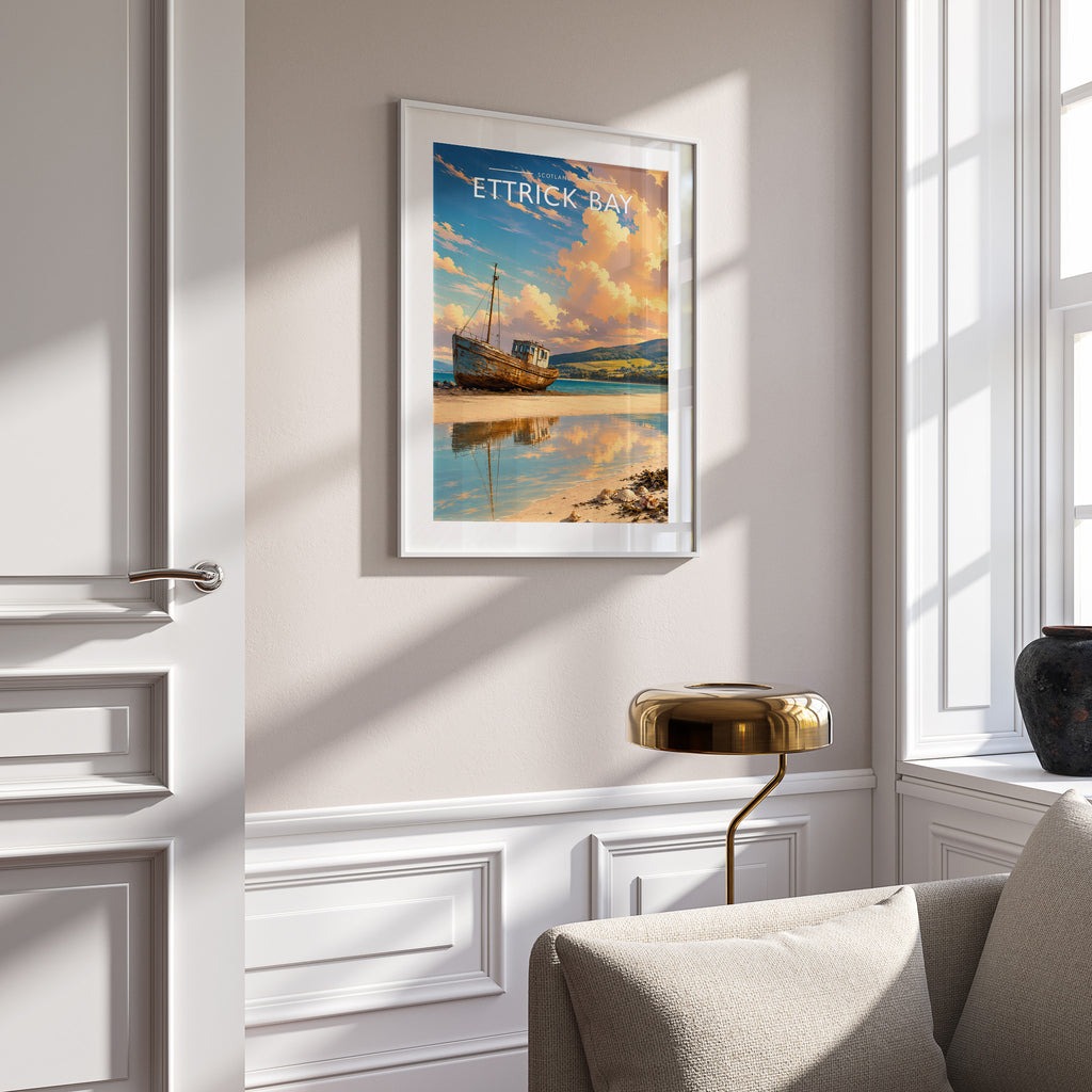 Ettrick Bay Travel Poster in a white frame on a panelled wall