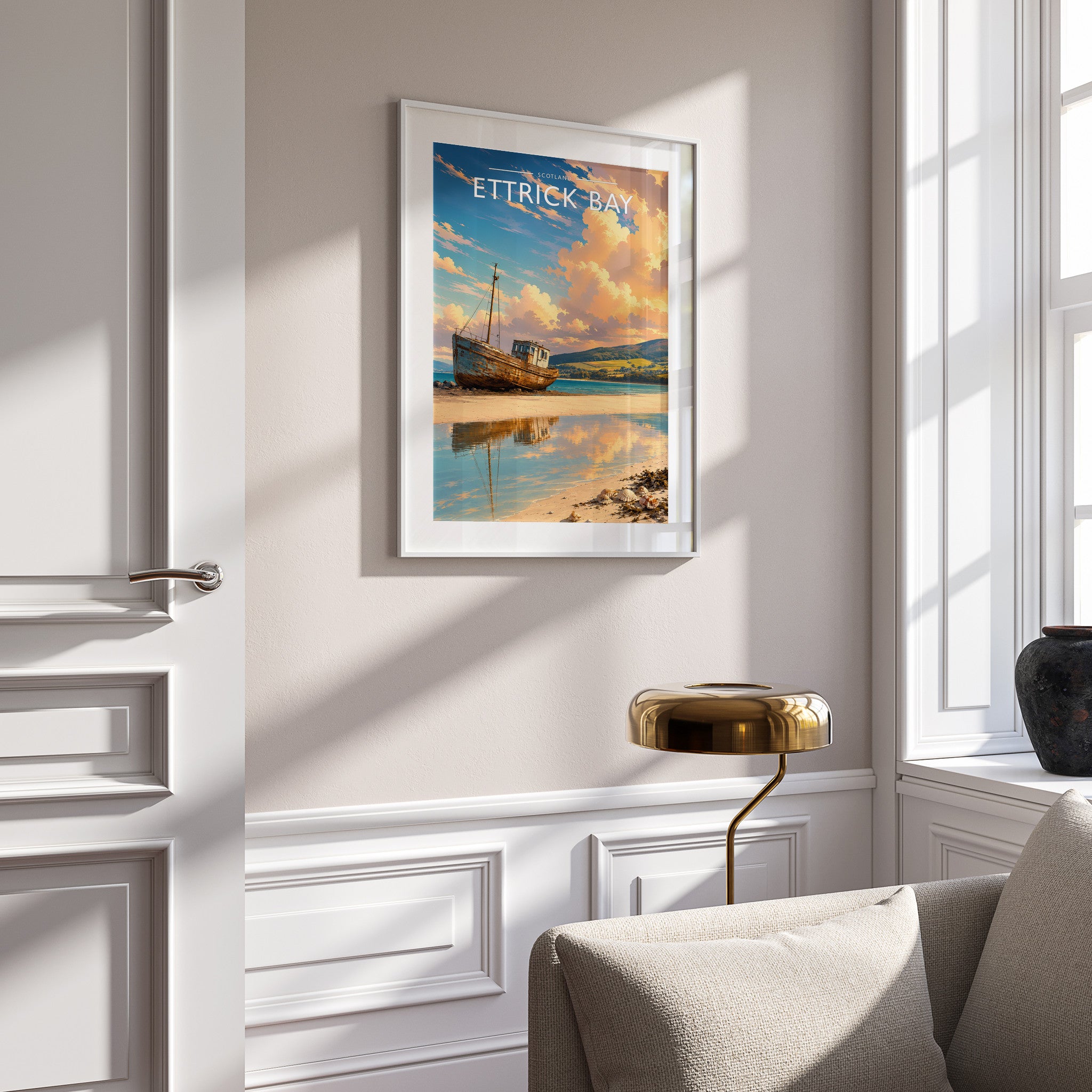 Ettrick Bay Travel Poster in a white frame on a panelled wall
