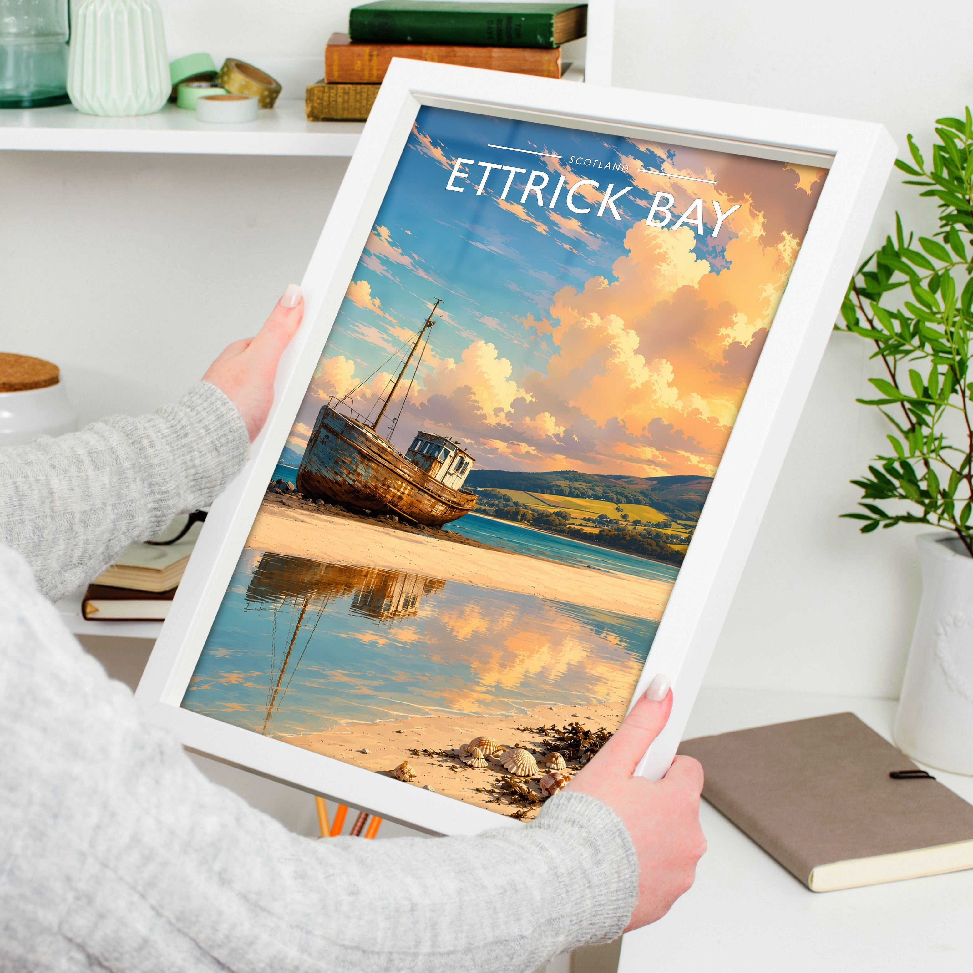 Ettrick Bay Travel Poster held in a white frame