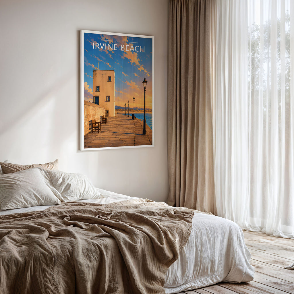 Irvine Beach Travel Poster framed on a bedroom wall