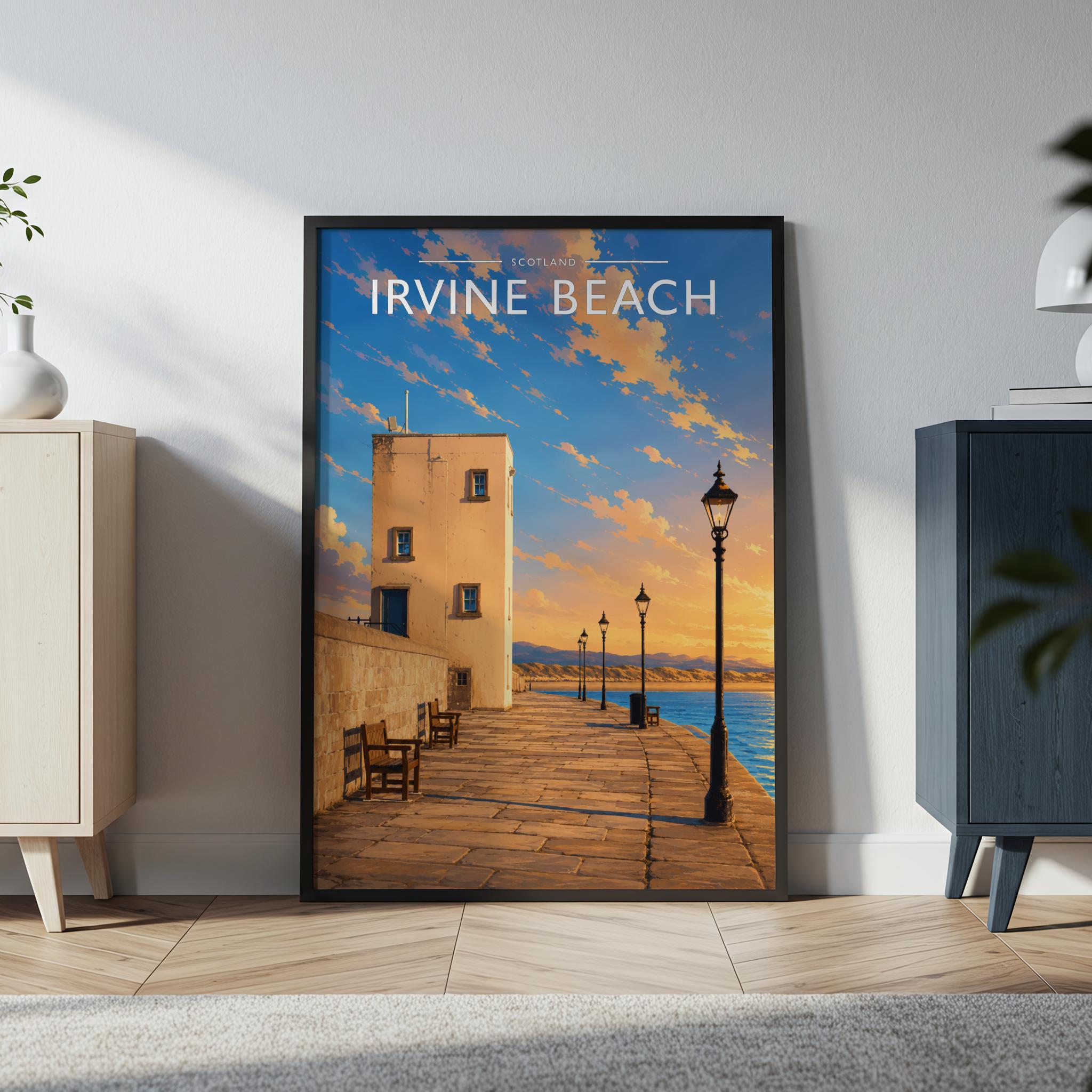 Irvine Beach Travel Poster in a black frame