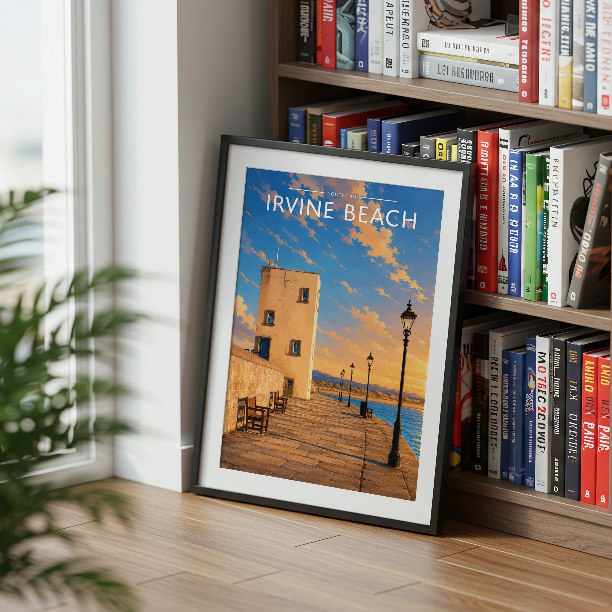 Irvine Beach Travel Poster mounted in a black frame