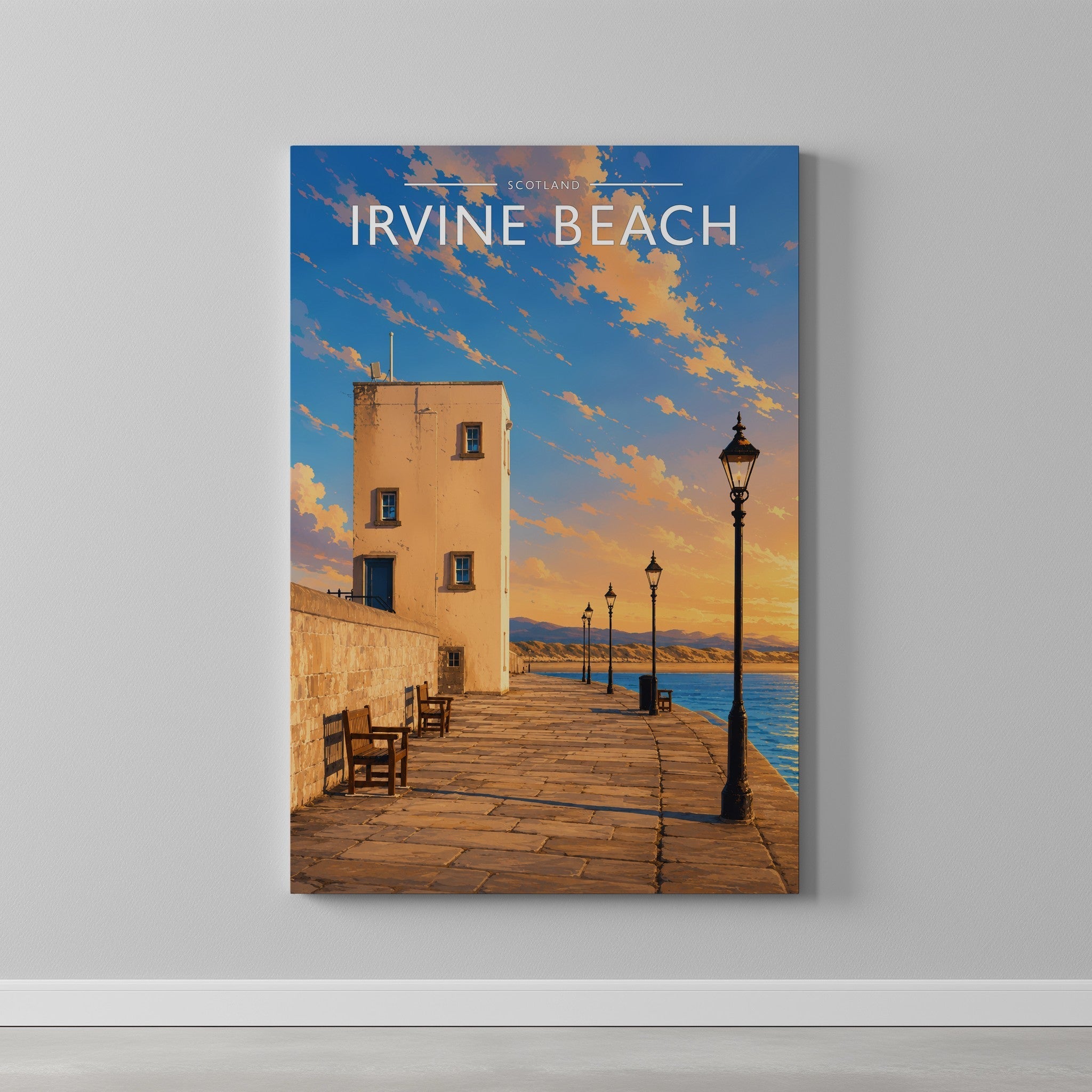 Irvine Beach Travel Poster as a gallery-wrapped canvas on a plain wall