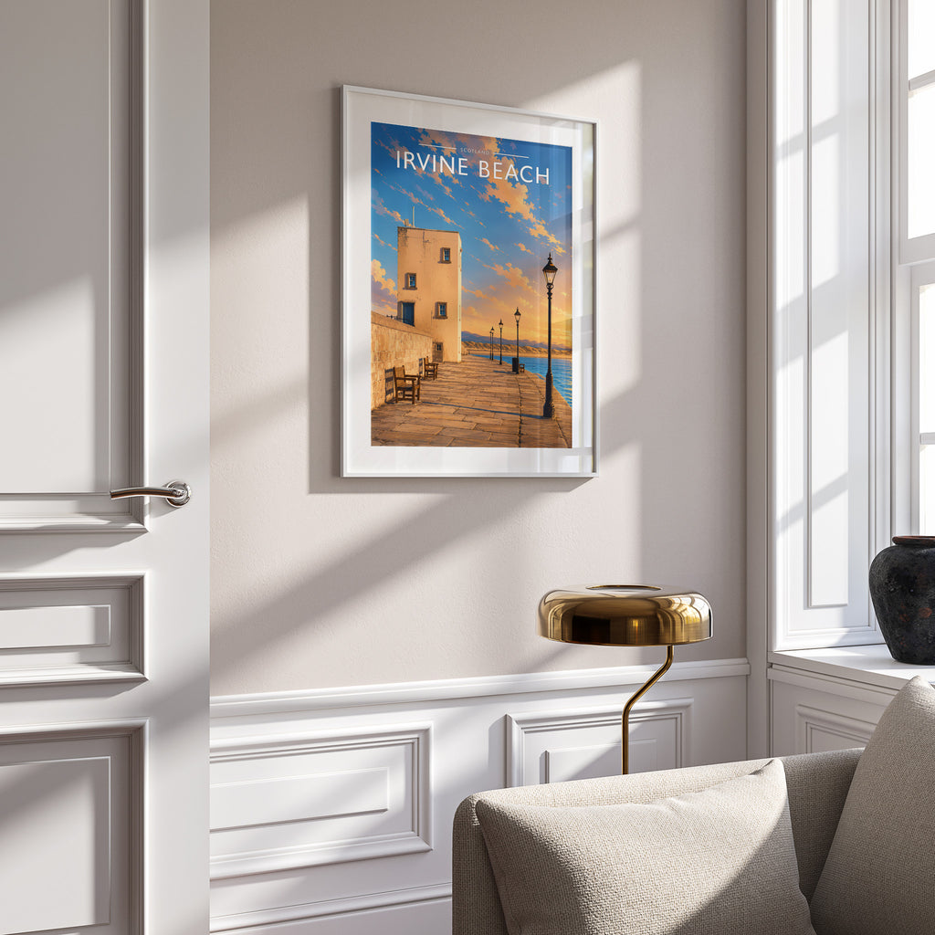 Irvine Beach Travel Poster in a white frame on a panelled wall