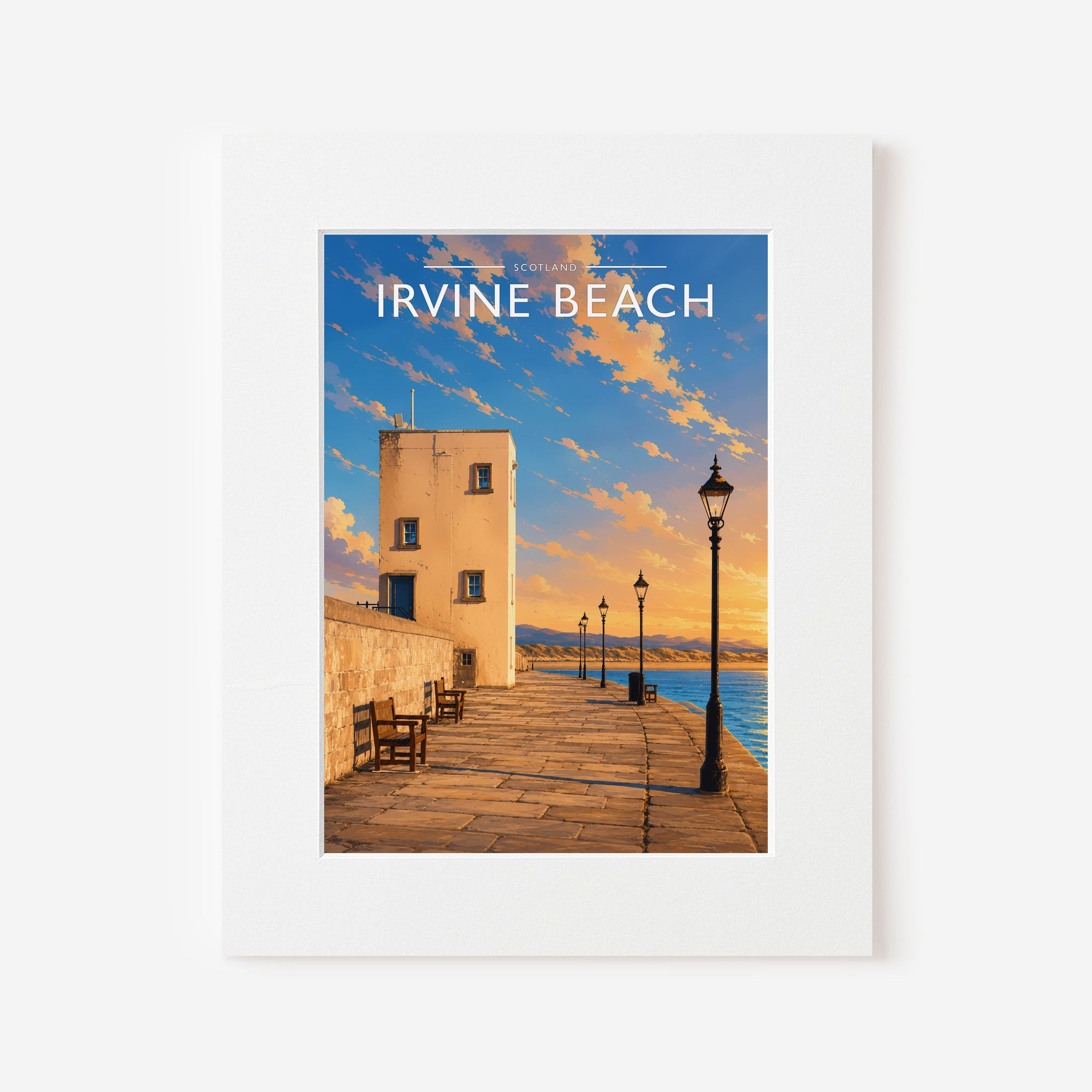 Irvine Beach Travel Poster in a white mount