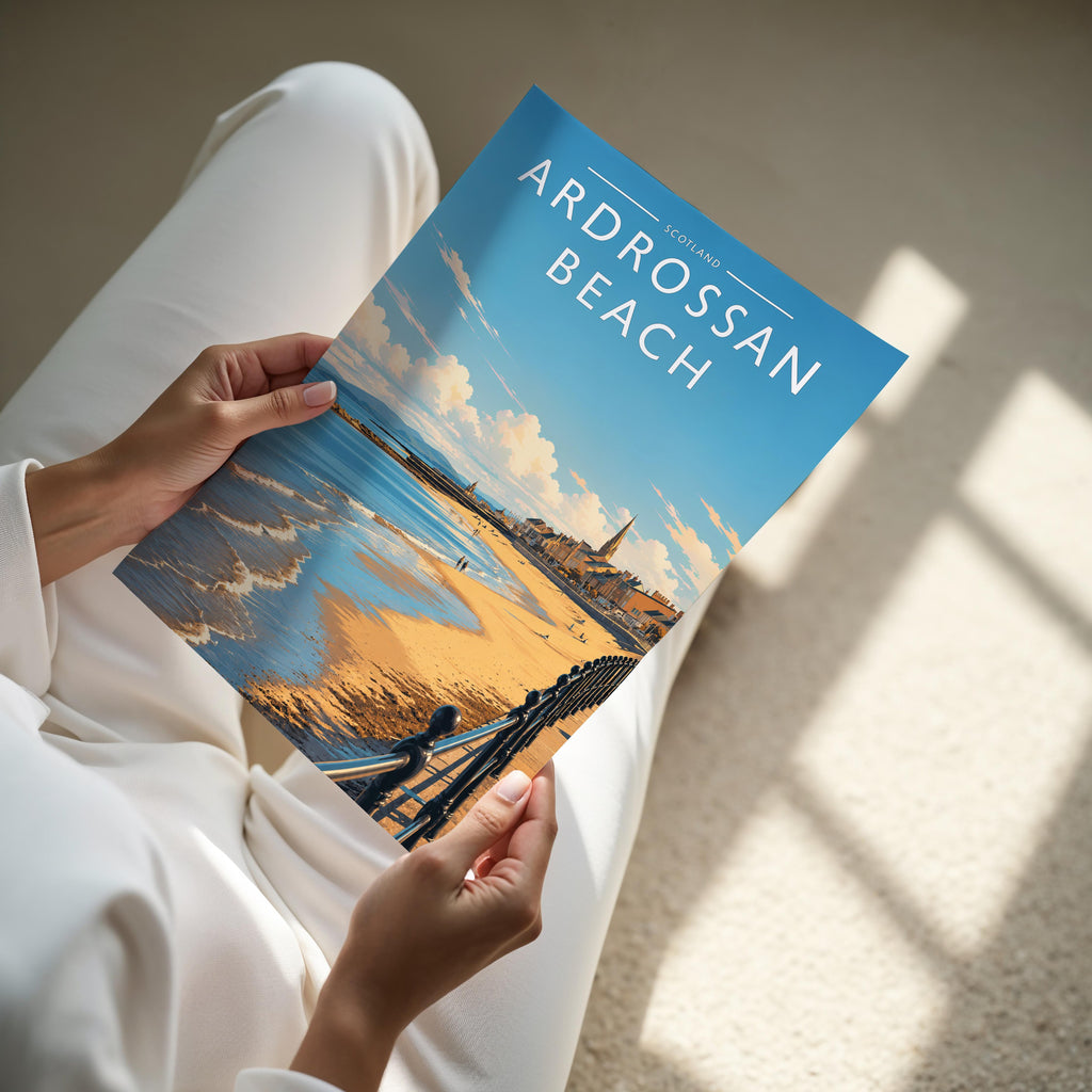 Ardrossan Beach Travel Poster - A4 print held in hand