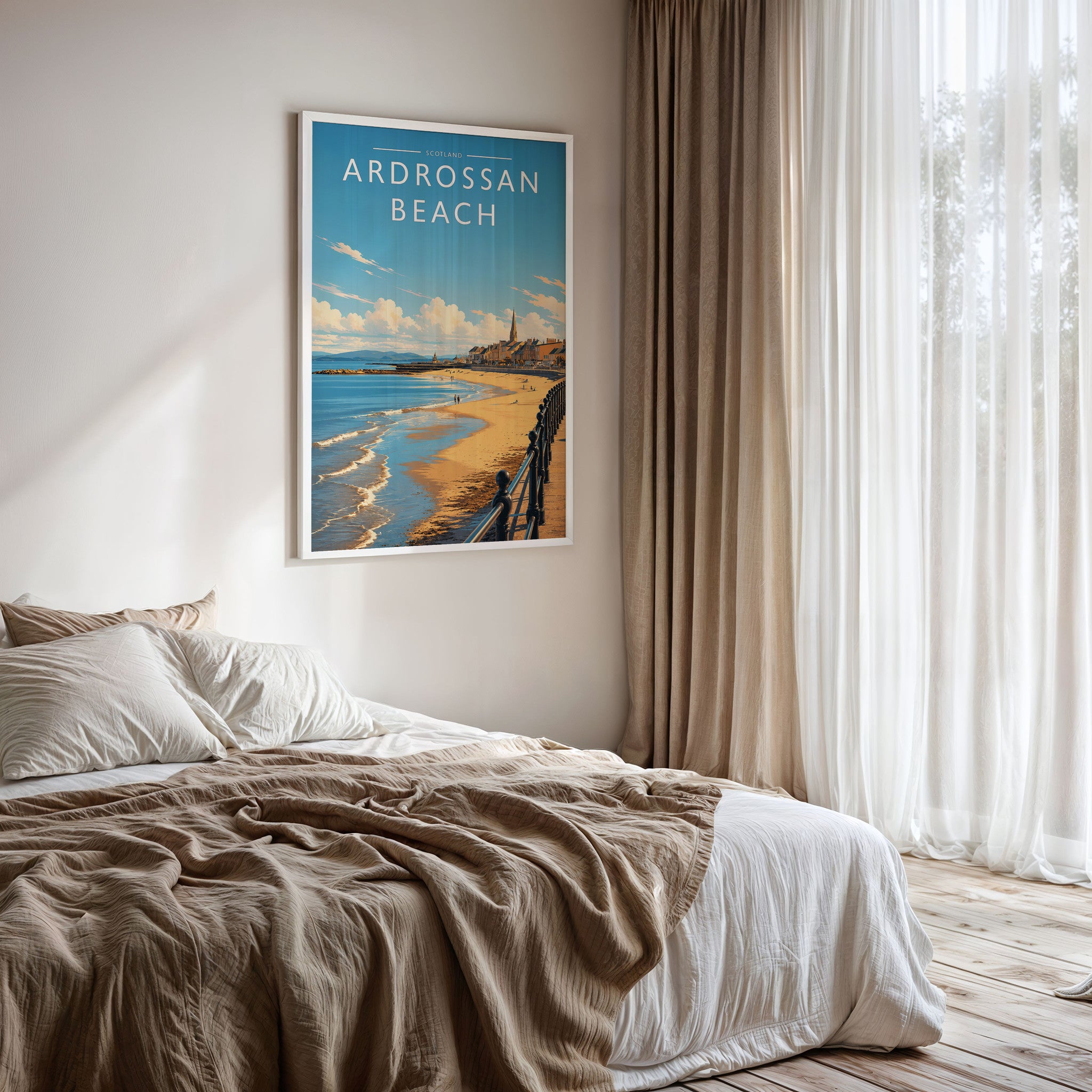 Ardrossan Beach Travel Poster framed on a bedroom wall