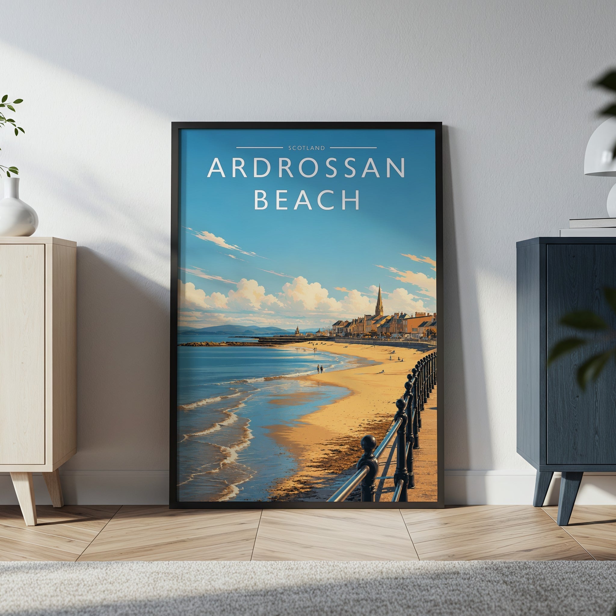 Ardrossan Beach Travel Poster in a black frame