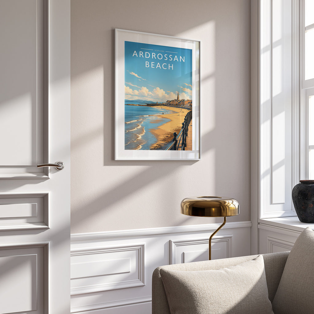 Ardrossan Beach Travel Poster in a white frame on a panelled wall