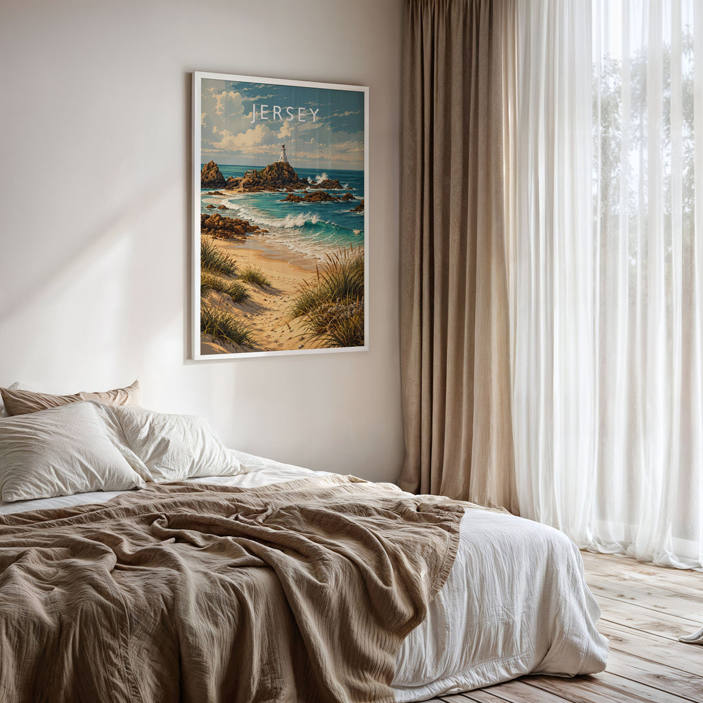 Jersey Travel Poster framed on a bedroom wall