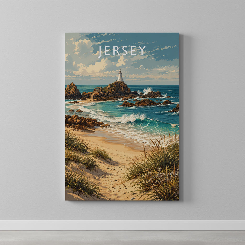 Jersey Travel Poster as a gallery-wrapped canvas on a plain wall