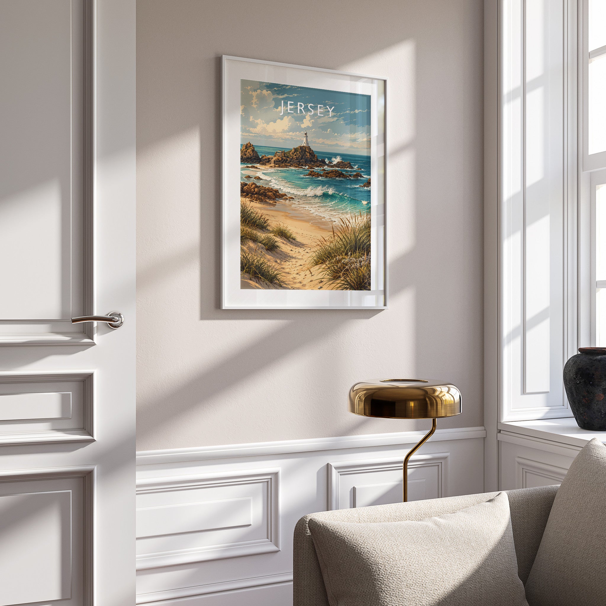 Jersey Travel Poster in a white frame on a panelled wall