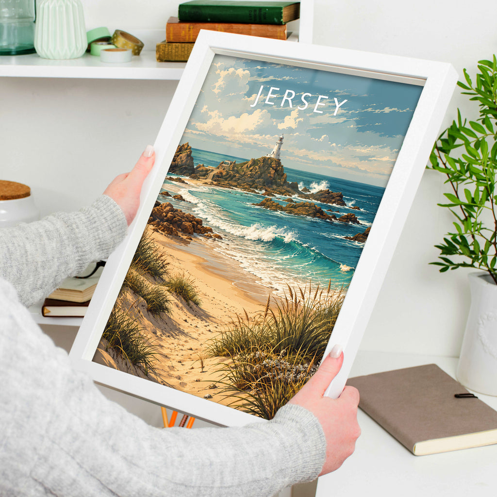 Jersey Travel Poster in a white frame, held to show scale