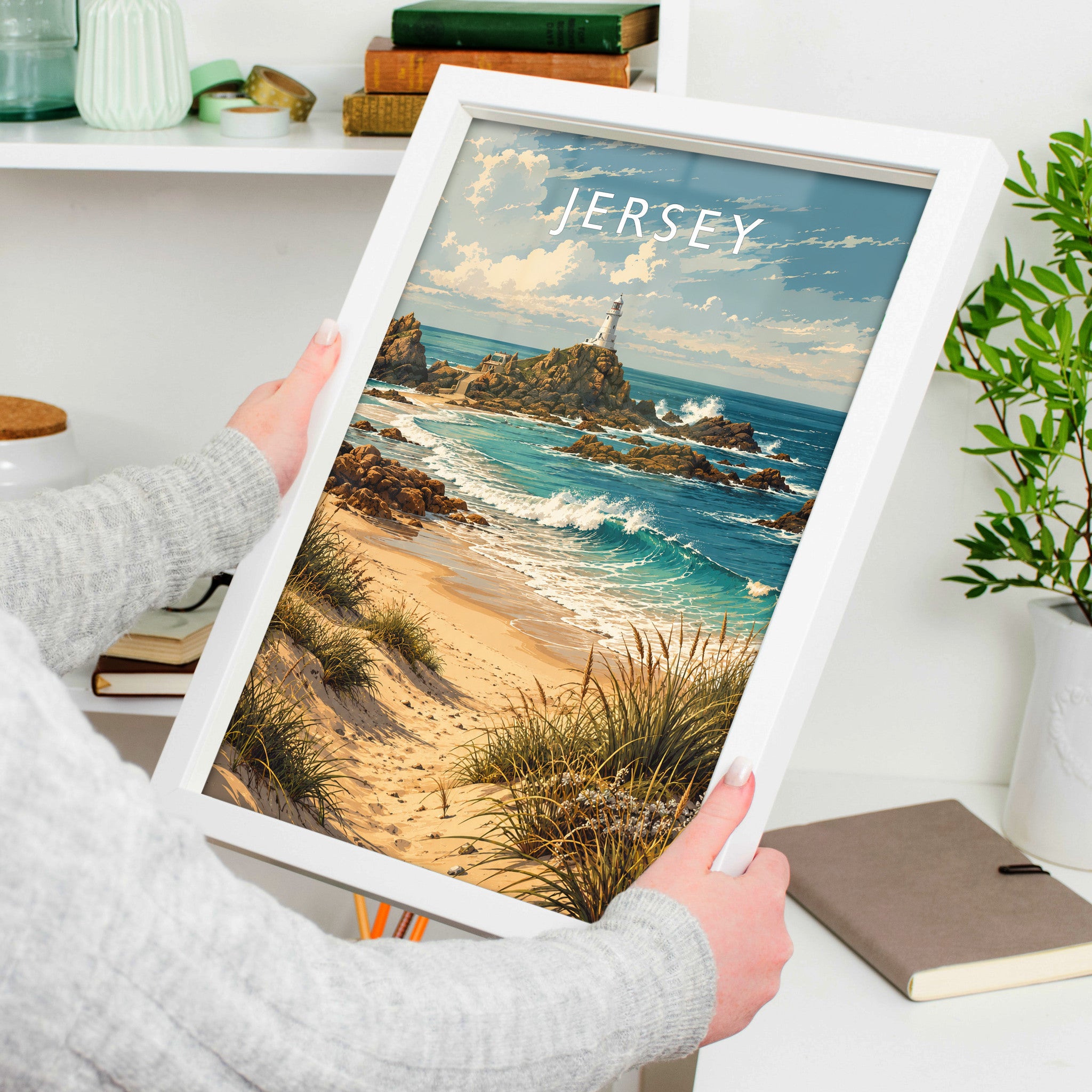 Jersey Travel Poster in a white frame, held to show scale