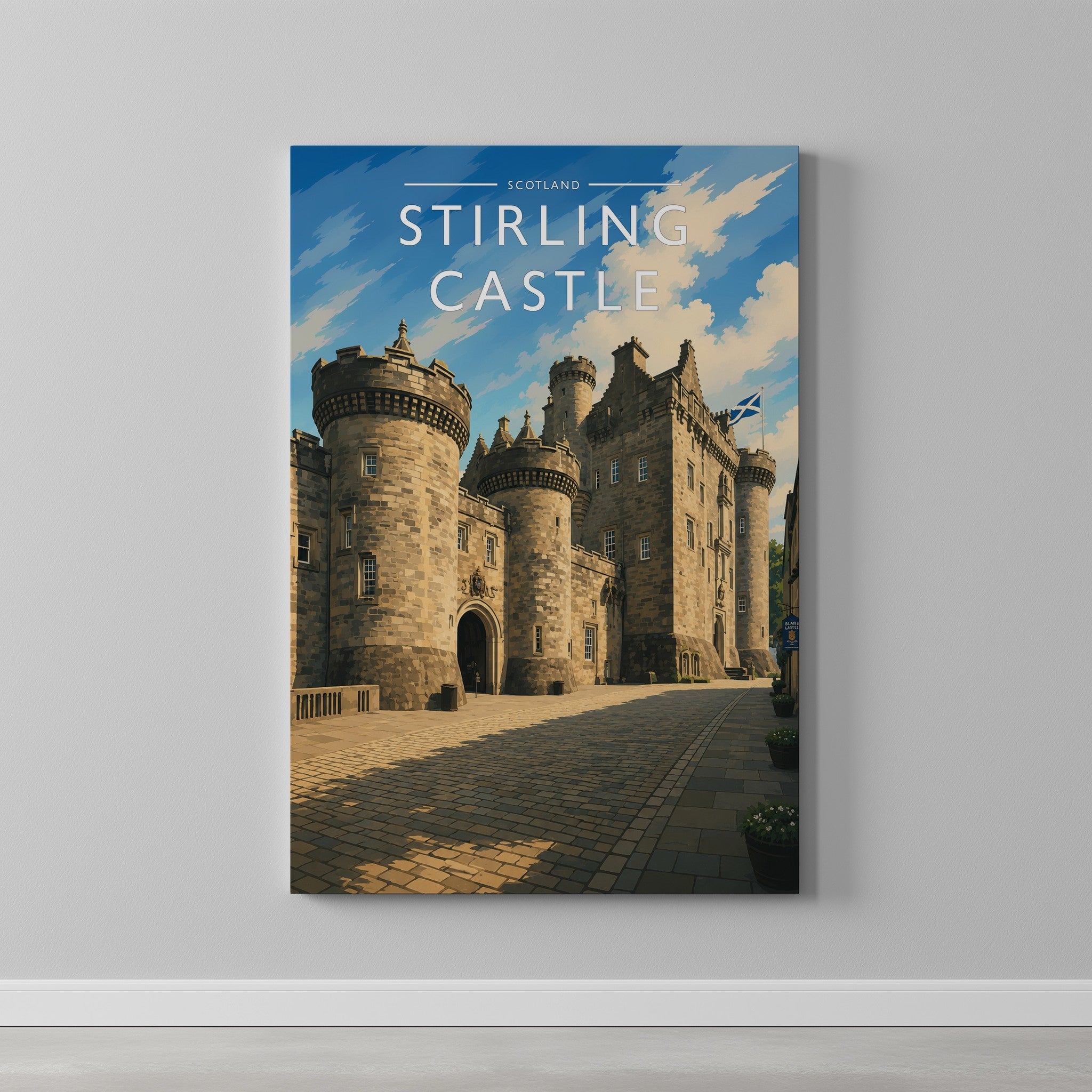 Stirling Castle Travel Poster as a gallery-wrapped canvas on a plain wall