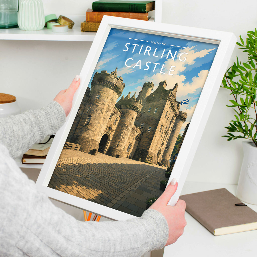 Stirling Castle Travel Poster in a white frame, held to show scale