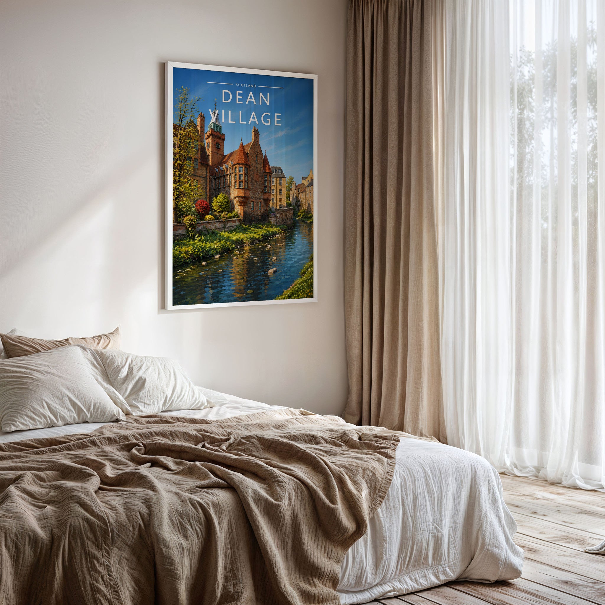 Dean Village Travel Poster framed on a bedroom wall