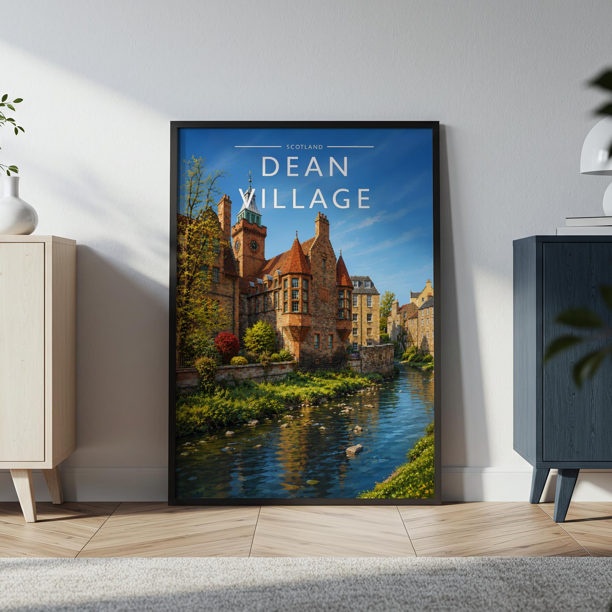 Dean Village Travel Poster in a black frame